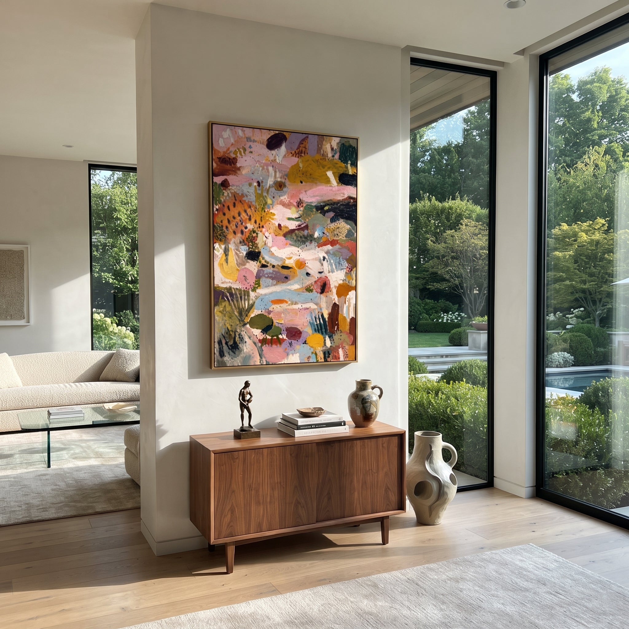 "Vertical Bohemian Patchwork Painting" focuses on atmosphere, surface movement, and sculptural heavy impasto craftsmanship rather than a fixed literal storyline. The composition uses this hand-painted vertical canvas presents a layered bohemian patchwork abstract with blush pink passages, mustard yellow blocks, muted blue sweeps, olive green marks, black accents, and richly raised palette-knife texture as the visual anchor, while layered palette-knife paint, raised plaster-like texture, and