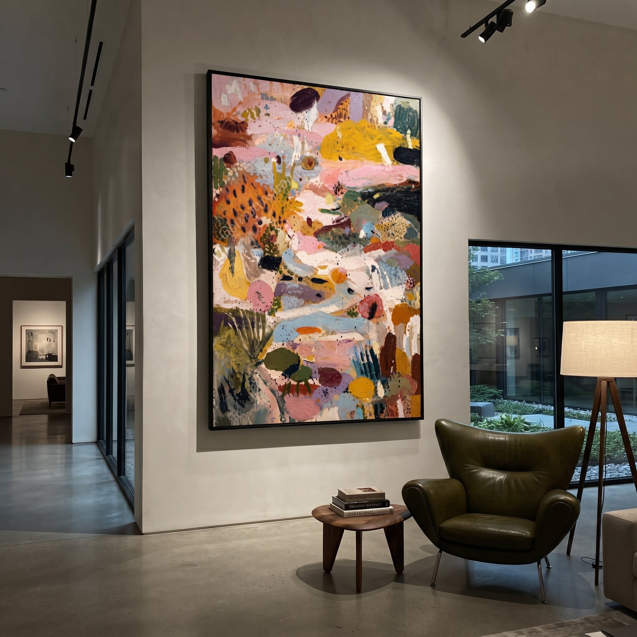"Vertical Bohemian Patchwork Painting" focuses on atmosphere, surface movement, and sculptural heavy impasto craftsmanship rather than a fixed literal storyline. The composition uses this hand-painted vertical canvas presents a layered bohemian patchwork abstract with blush pink passages, mustard yellow blocks, muted blue sweeps, olive green marks, black accents, and richly raised palette-knife texture as the visual anchor, while layered palette-knife paint, raised plaster-like texture, and