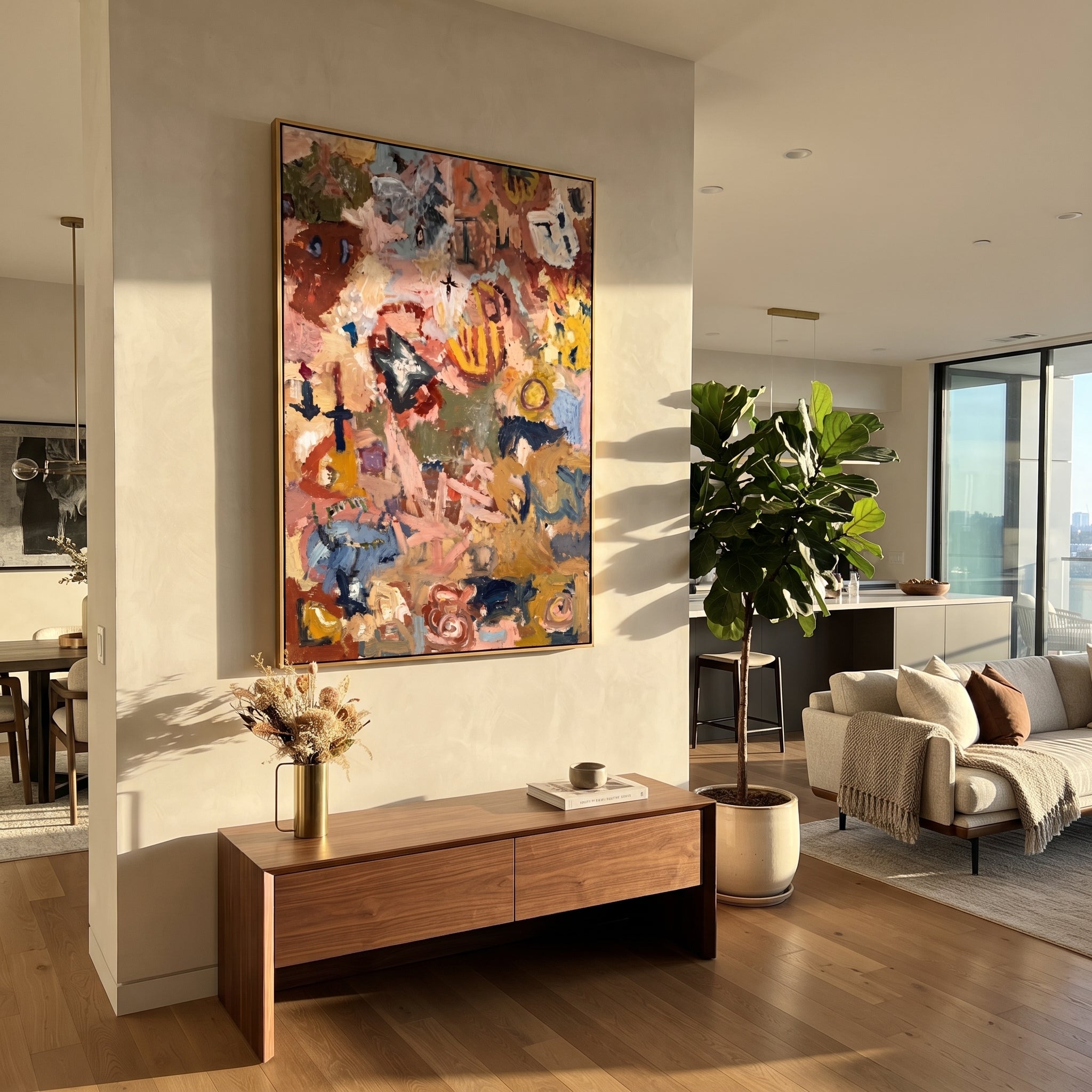 "Earthy Bohemian Collage Painting" focuses on atmosphere, surface movement, and sculptural heavy impasto craftsmanship rather than a fixed literal storyline. The composition uses this hand-painted vertical canvas presents an earthy bohemian abstract collage with terracotta, dusty pink, ochre, muted blue, olive green, cream marks, and dense palette-knife texture as the visual anchor, while layered palette-knife paint, raised plaster-like texture, and softened brush movement create tactile depth