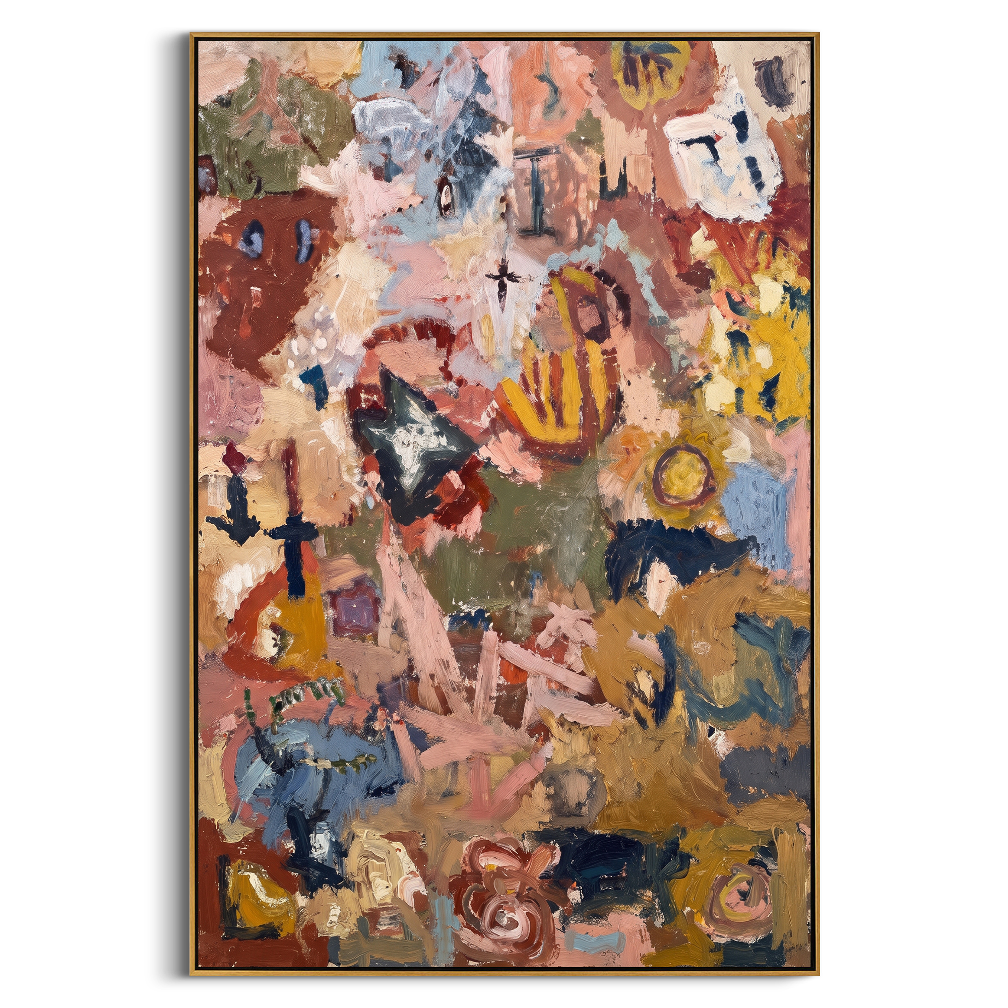 "Earthy Bohemian Collage Painting" focuses on atmosphere, surface movement, and sculptural heavy impasto craftsmanship rather than a fixed literal storyline. The composition uses this hand-painted vertical canvas presents an earthy bohemian abstract collage with terracotta, dusty pink, ochre, muted blue, olive green, cream marks, and dense palette-knife texture as the visual anchor, while layered palette-knife paint, raised plaster-like texture, and softened brush movement create tactile depth