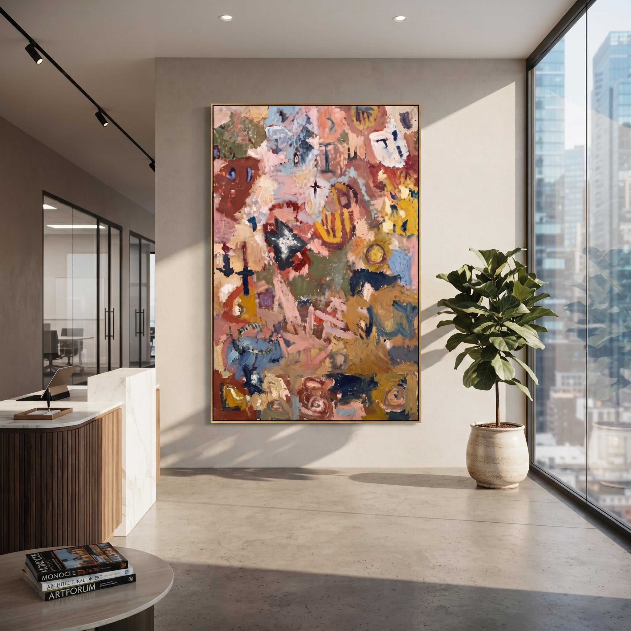 "Earthy Bohemian Collage Painting" focuses on atmosphere, surface movement, and sculptural heavy impasto craftsmanship rather than a fixed literal storyline. The composition uses this hand-painted vertical canvas presents an earthy bohemian abstract collage with terracotta, dusty pink, ochre, muted blue, olive green, cream marks, and dense palette-knife texture as the visual anchor, while layered palette-knife paint, raised plaster-like texture, and softened brush movement create tactile depth