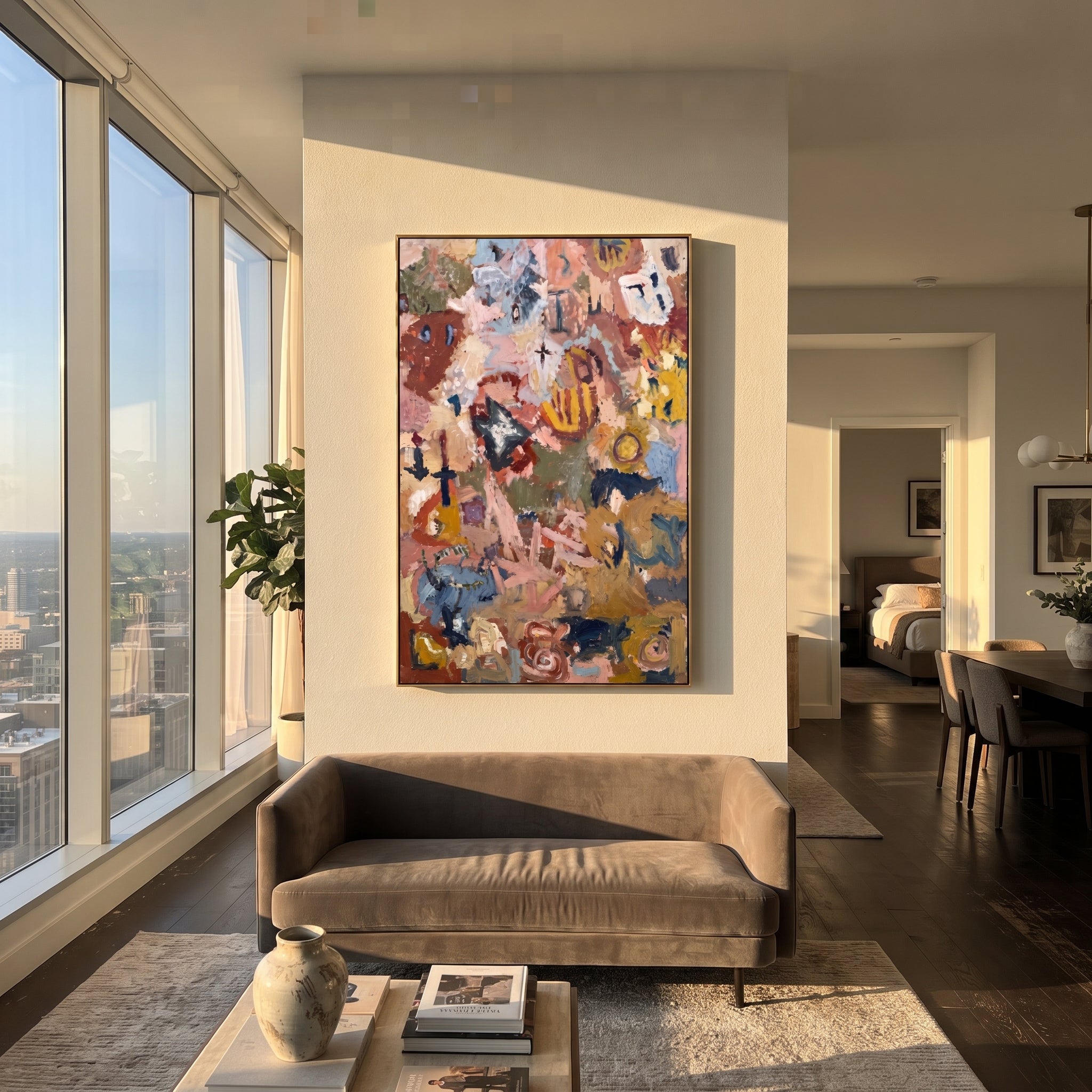 "Earthy Bohemian Collage Painting" focuses on atmosphere, surface movement, and sculptural heavy impasto craftsmanship rather than a fixed literal storyline. The composition uses this hand-painted vertical canvas presents an earthy bohemian abstract collage with terracotta, dusty pink, ochre, muted blue, olive green, cream marks, and dense palette-knife texture as the visual anchor, while layered palette-knife paint, raised plaster-like texture, and softened brush movement create tactile depth