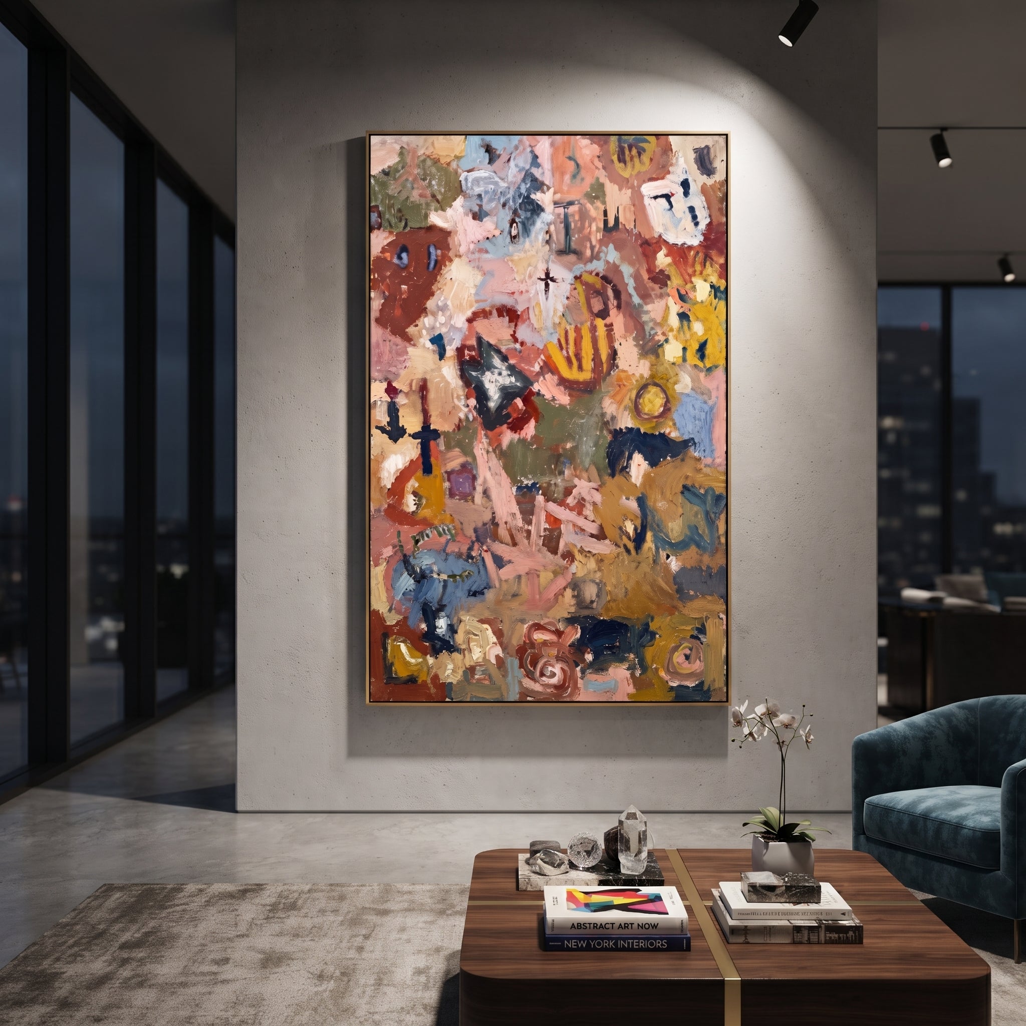 "Earthy Bohemian Collage Painting" focuses on atmosphere, surface movement, and sculptural heavy impasto craftsmanship rather than a fixed literal storyline. The composition uses this hand-painted vertical canvas presents an earthy bohemian abstract collage with terracotta, dusty pink, ochre, muted blue, olive green, cream marks, and dense palette-knife texture as the visual anchor, while layered palette-knife paint, raised plaster-like texture, and softened brush movement create tactile depth