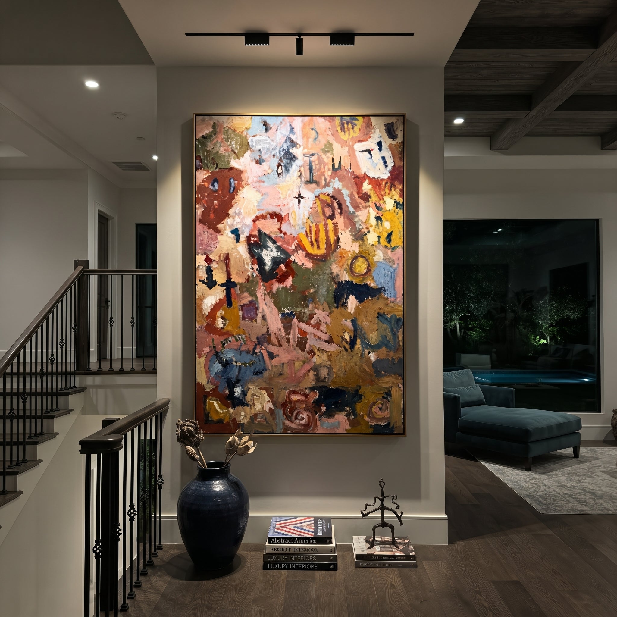 "Earthy Bohemian Collage Painting" focuses on atmosphere, surface movement, and sculptural heavy impasto craftsmanship rather than a fixed literal storyline. The composition uses this hand-painted vertical canvas presents an earthy bohemian abstract collage with terracotta, dusty pink, ochre, muted blue, olive green, cream marks, and dense palette-knife texture as the visual anchor, while layered palette-knife paint, raised plaster-like texture, and softened brush movement create tactile depth