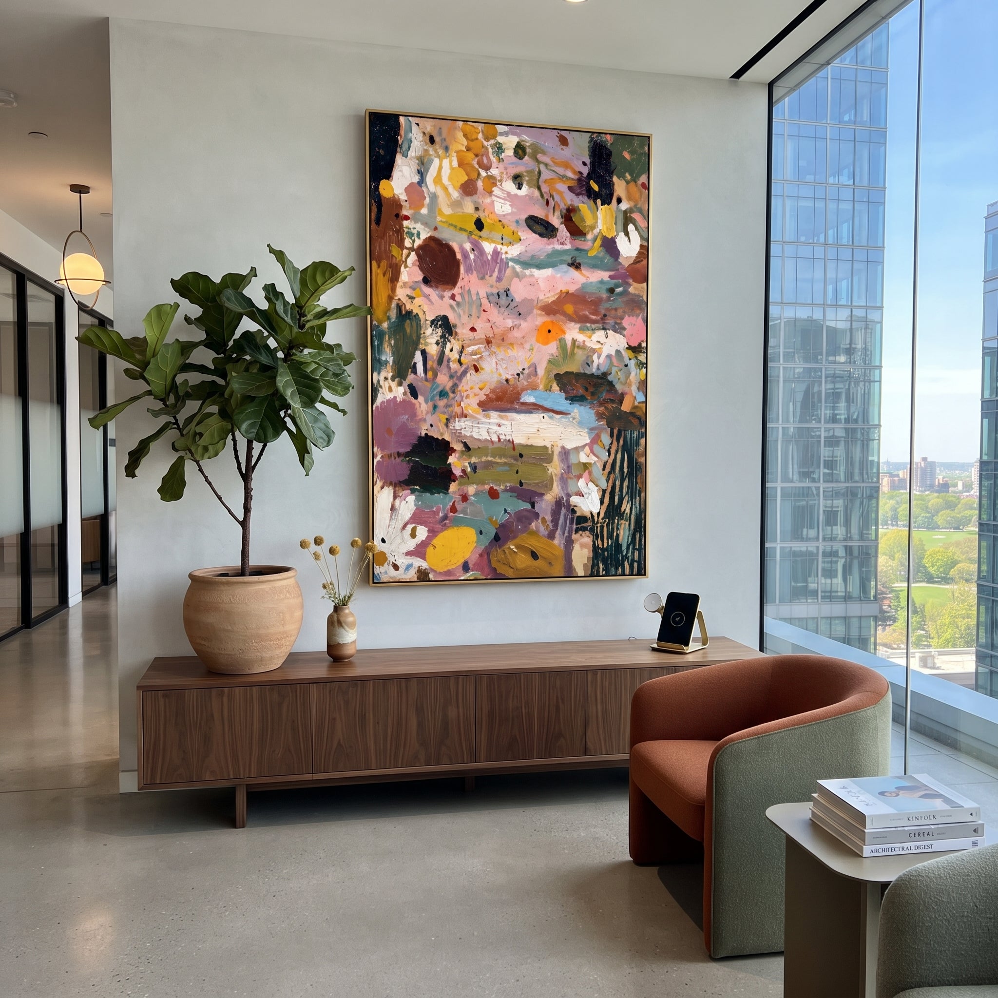 "Pink Ochre Bohemian Abstract Painting" focuses on atmosphere, surface movement, and sculptural heavy impasto craftsmanship rather than a fixed literal storyline. The composition uses this hand-painted vertical canvas presents a layered bohemian abstract with blush pink fields, ochre and mustard passages, teal strokes, deep black accents, cream floral-like marks, and rich impasto texture as the visual anchor, while layered palette-knife paint, raised plaster-like texture, and softened brush