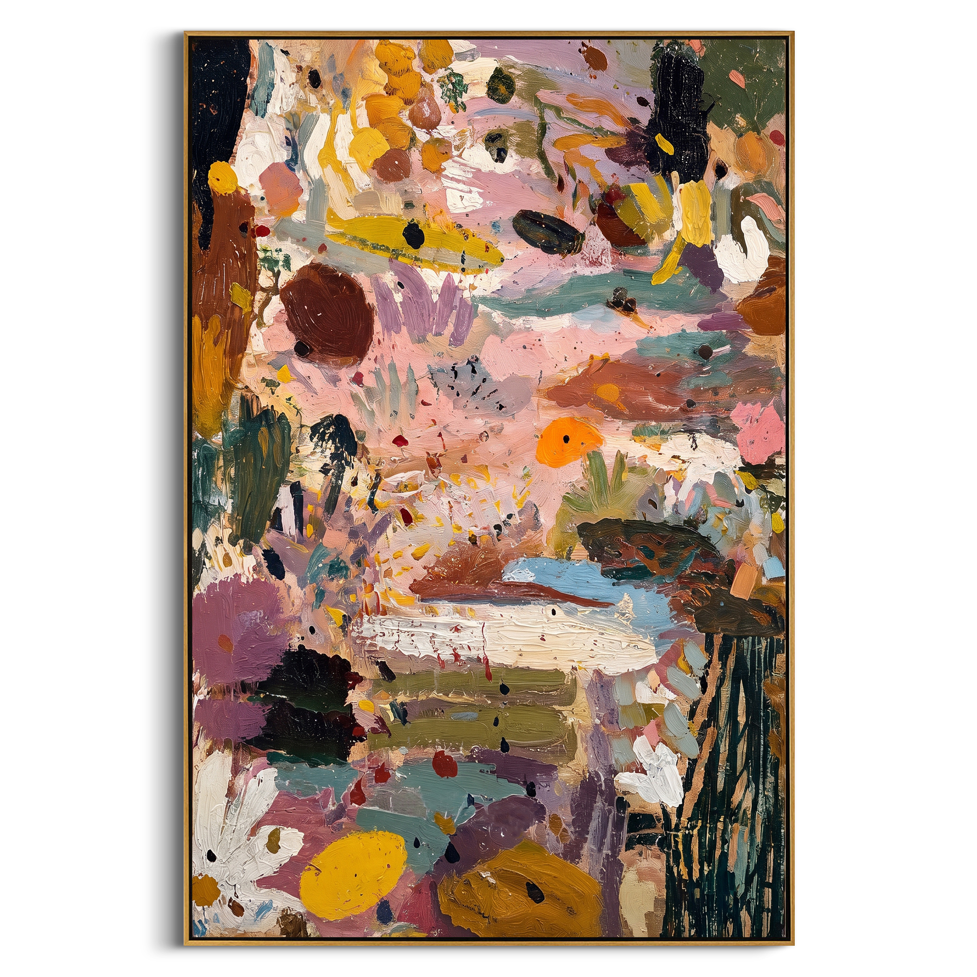 "Pink Ochre Bohemian Abstract Painting" focuses on atmosphere, surface movement, and sculptural heavy impasto craftsmanship rather than a fixed literal storyline. The composition uses this hand-painted vertical canvas presents a layered bohemian abstract with blush pink fields, ochre and mustard passages, teal strokes, deep black accents, cream floral-like marks, and rich impasto texture as the visual anchor, while layered palette-knife paint, raised plaster-like texture, and softened brush