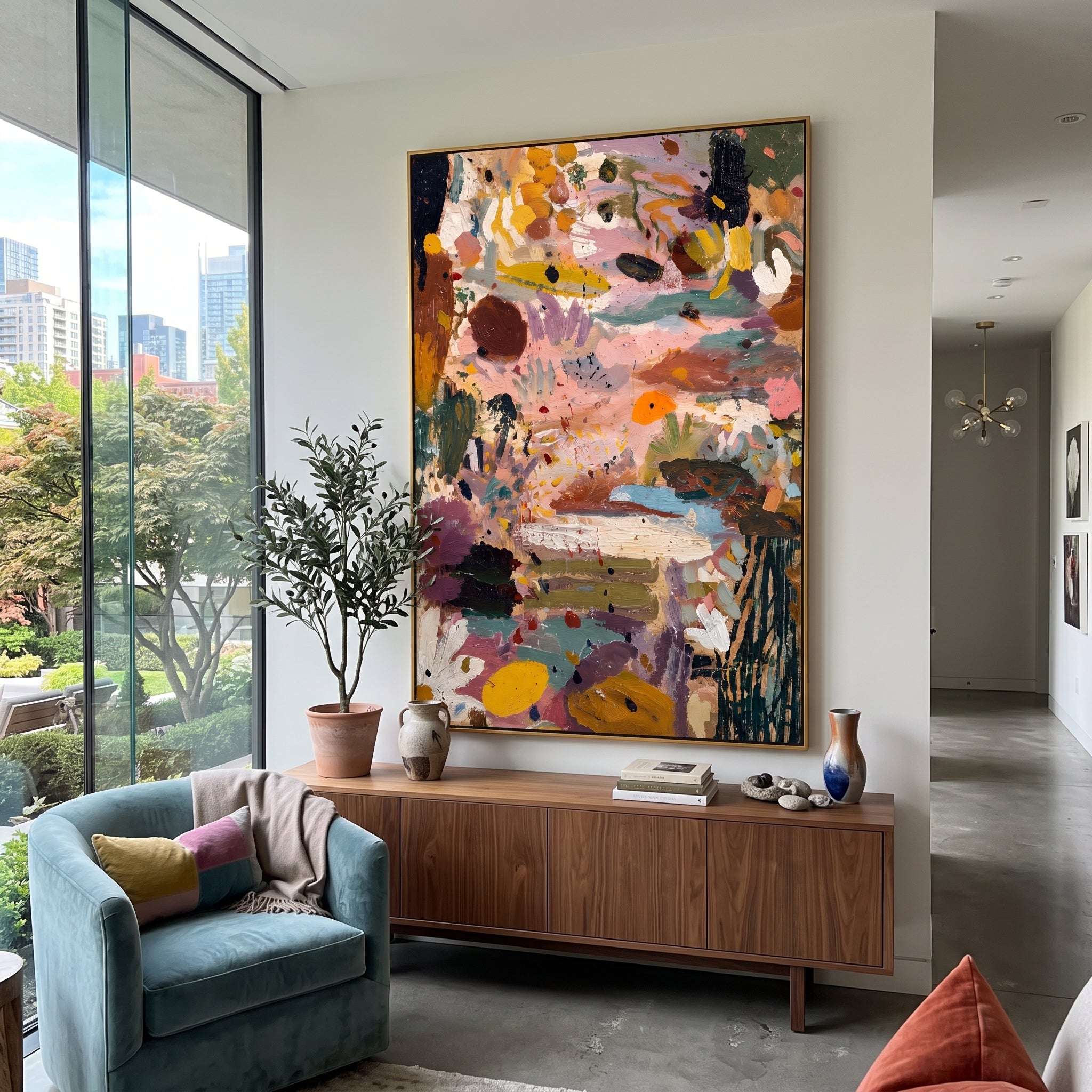 "Pink Ochre Bohemian Abstract Painting" focuses on atmosphere, surface movement, and sculptural heavy impasto craftsmanship rather than a fixed literal storyline. The composition uses this hand-painted vertical canvas presents a layered bohemian abstract with blush pink fields, ochre and mustard passages, teal strokes, deep black accents, cream floral-like marks, and rich impasto texture as the visual anchor, while layered palette-knife paint, raised plaster-like texture, and softened brush
