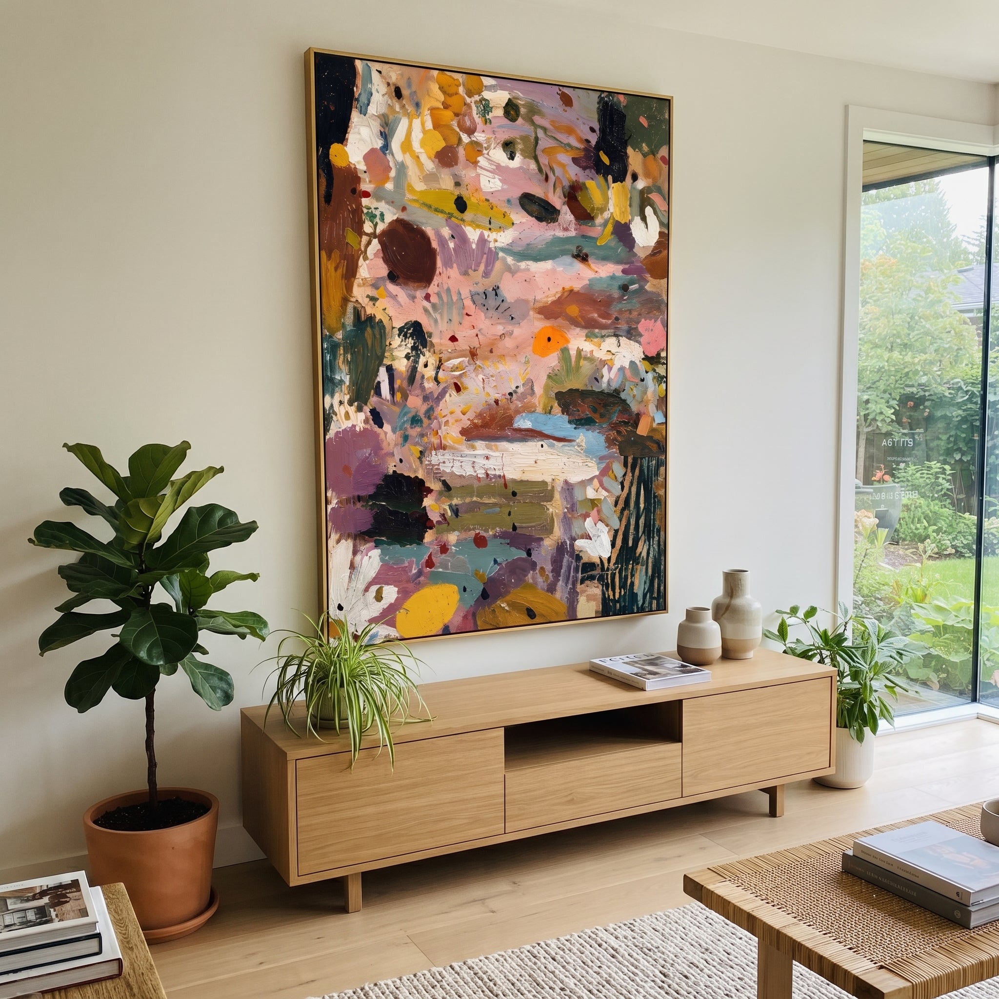 "Pink Ochre Bohemian Abstract Painting" focuses on atmosphere, surface movement, and sculptural heavy impasto craftsmanship rather than a fixed literal storyline. The composition uses this hand-painted vertical canvas presents a layered bohemian abstract with blush pink fields, ochre and mustard passages, teal strokes, deep black accents, cream floral-like marks, and rich impasto texture as the visual anchor, while layered palette-knife paint, raised plaster-like texture, and softened brush