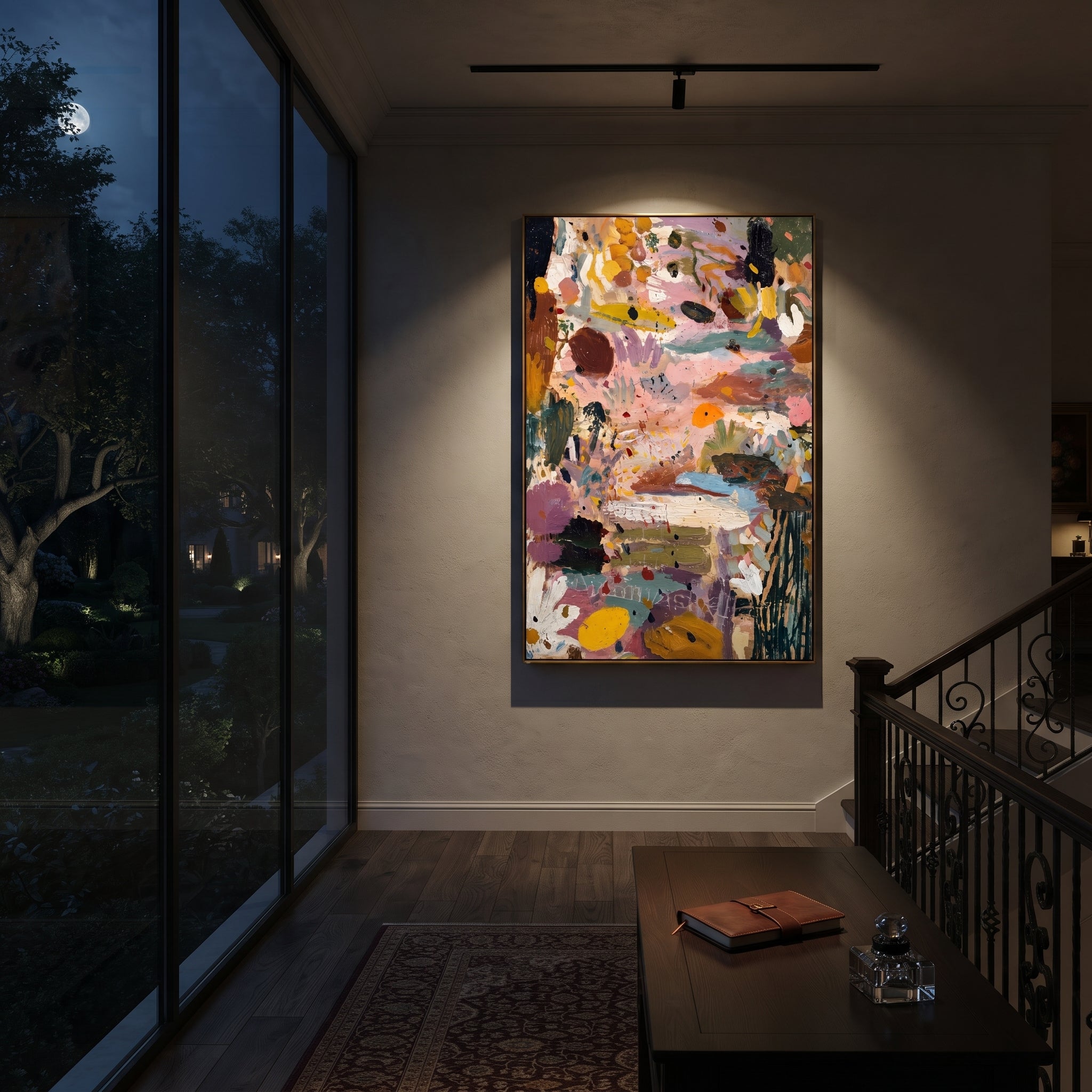 "Pink Ochre Bohemian Abstract Painting" focuses on atmosphere, surface movement, and sculptural heavy impasto craftsmanship rather than a fixed literal storyline. The composition uses this hand-painted vertical canvas presents a layered bohemian abstract with blush pink fields, ochre and mustard passages, teal strokes, deep black accents, cream floral-like marks, and rich impasto texture as the visual anchor, while layered palette-knife paint, raised plaster-like texture, and softened brush