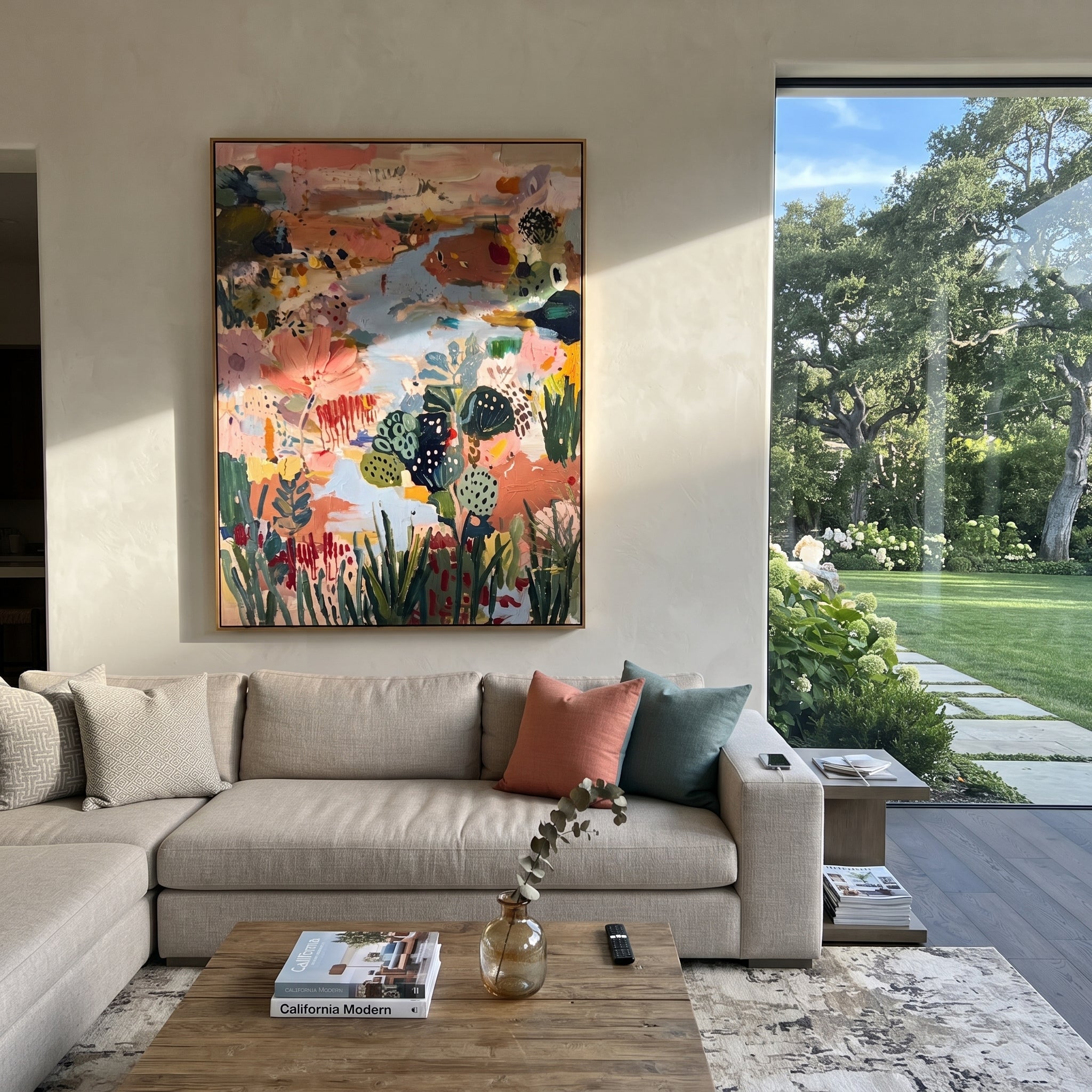 "Bohemian Lotus Garden Painting" focuses on atmosphere, surface movement, and sculptural heavy impasto craftsmanship rather than a fixed literal storyline. The composition uses this hand-painted vertical canvas presents a bohemian abstract garden with a large coral-pink lotus form, pale blue water-like movement, deep green botanical shapes, terracotta ground, dotted motifs, and raised handmade texture as the visual anchor, while layered palette-knife paint, raised plaster-like texture, and