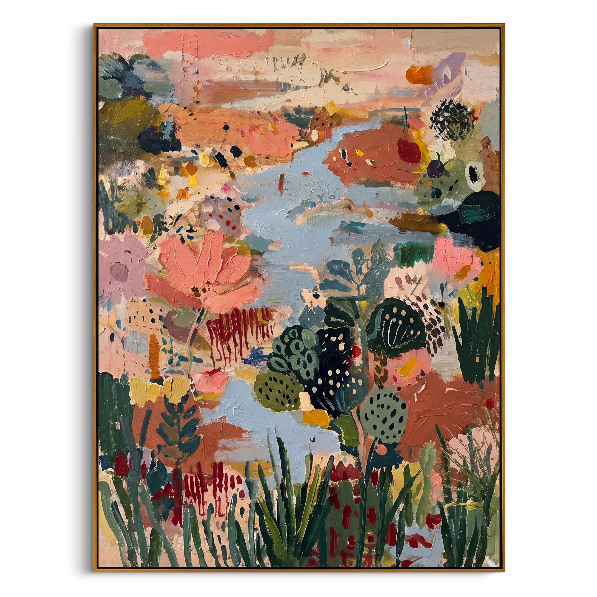 "Bohemian Lotus Garden Painting" focuses on atmosphere, surface movement, and sculptural heavy impasto craftsmanship rather than a fixed literal storyline. The composition uses this hand-painted vertical canvas presents a bohemian abstract garden with a large coral-pink lotus form, pale blue water-like movement, deep green botanical shapes, terracotta ground, dotted motifs, and raised handmade texture as the visual anchor, while layered palette-knife paint, raised plaster-like texture, and