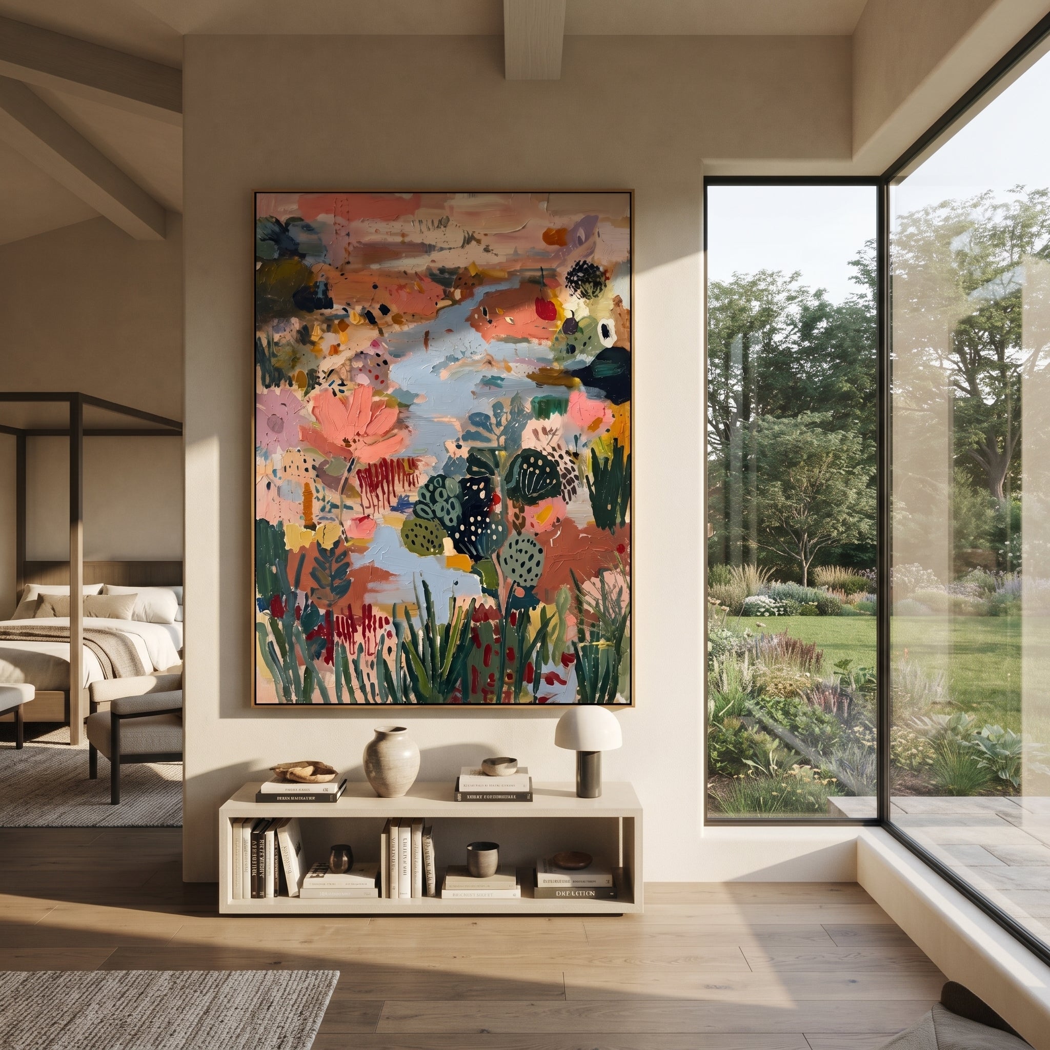 "Bohemian Lotus Garden Painting" focuses on atmosphere, surface movement, and sculptural heavy impasto craftsmanship rather than a fixed literal storyline. The composition uses this hand-painted vertical canvas presents a bohemian abstract garden with a large coral-pink lotus form, pale blue water-like movement, deep green botanical shapes, terracotta ground, dotted motifs, and raised handmade texture as the visual anchor, while layered palette-knife paint, raised plaster-like texture, and