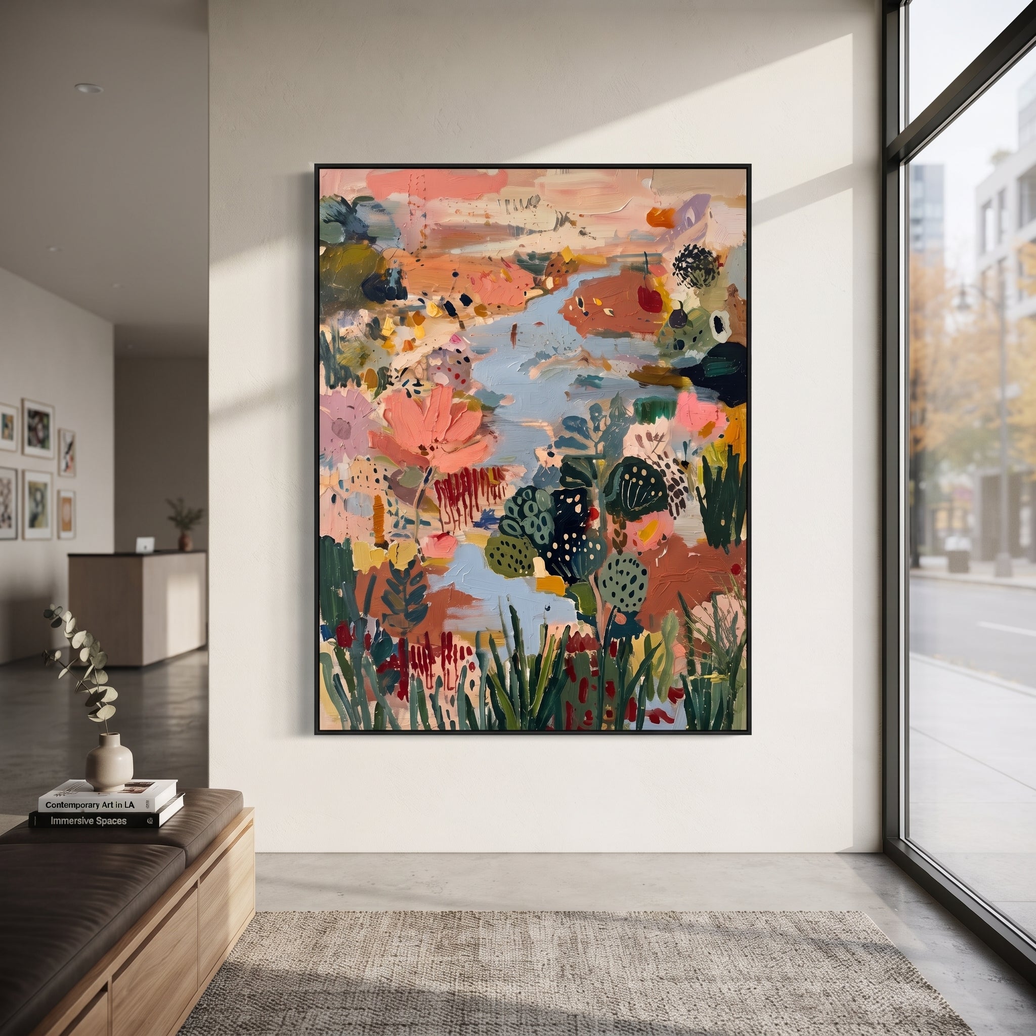 "Bohemian Lotus Garden Painting" focuses on atmosphere, surface movement, and sculptural heavy impasto craftsmanship rather than a fixed literal storyline. The composition uses this hand-painted vertical canvas presents a bohemian abstract garden with a large coral-pink lotus form, pale blue water-like movement, deep green botanical shapes, terracotta ground, dotted motifs, and raised handmade texture as the visual anchor, while layered palette-knife paint, raised plaster-like texture, and