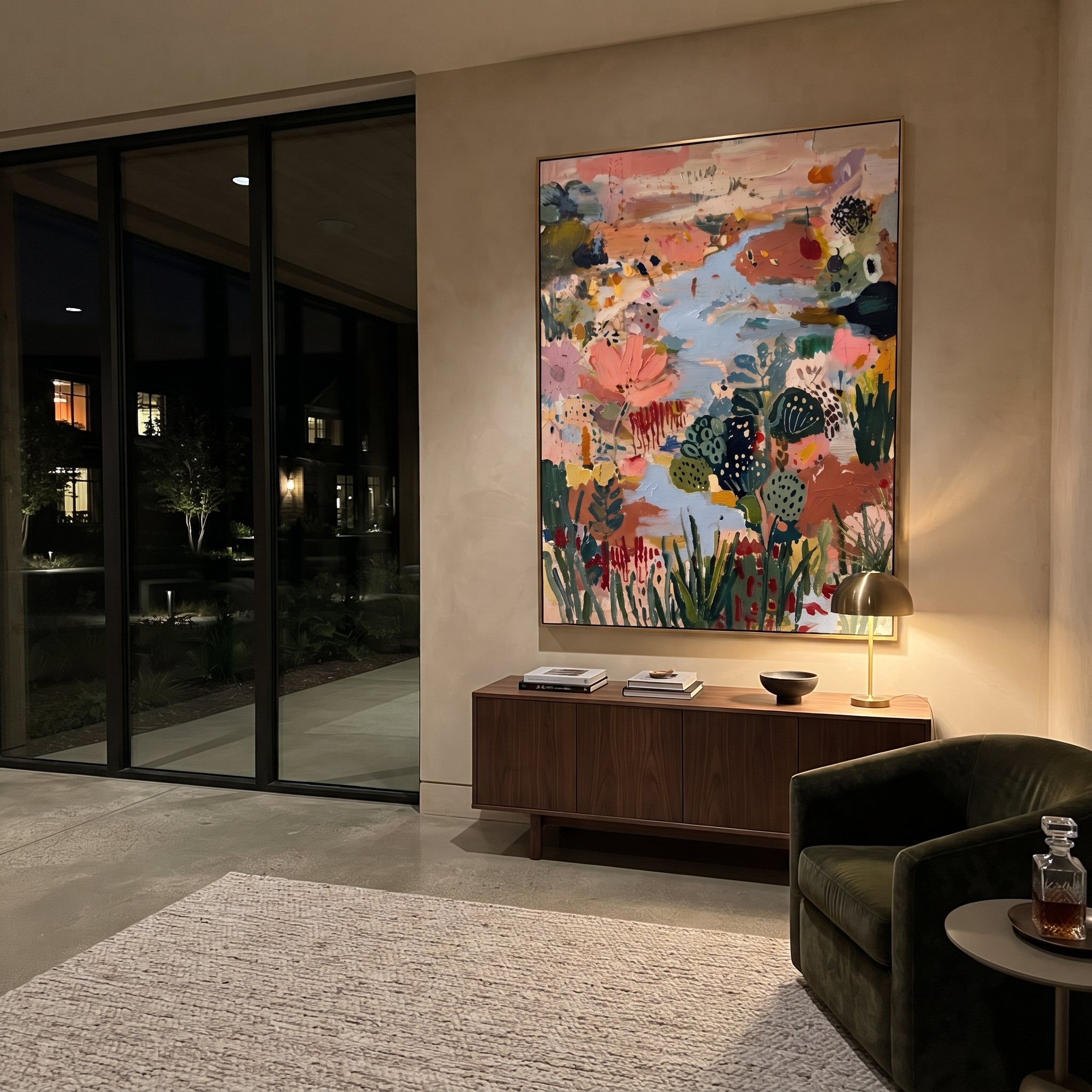 "Bohemian Lotus Garden Painting" focuses on atmosphere, surface movement, and sculptural heavy impasto craftsmanship rather than a fixed literal storyline. The composition uses this hand-painted vertical canvas presents a bohemian abstract garden with a large coral-pink lotus form, pale blue water-like movement, deep green botanical shapes, terracotta ground, dotted motifs, and raised handmade texture as the visual anchor, while layered palette-knife paint, raised plaster-like texture, and