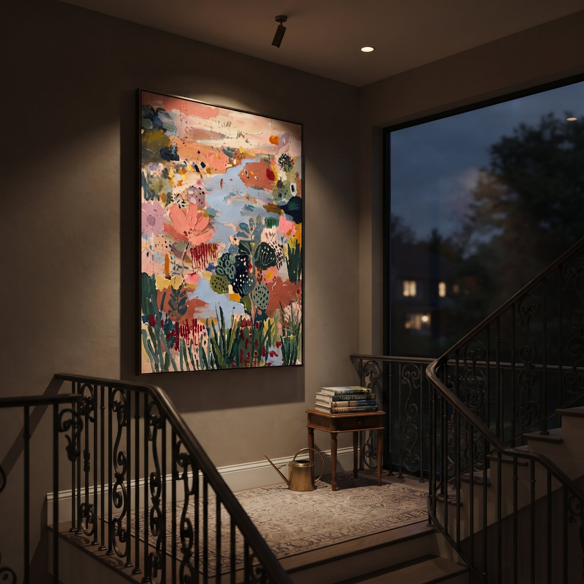 "Bohemian Lotus Garden Painting" focuses on atmosphere, surface movement, and sculptural heavy impasto craftsmanship rather than a fixed literal storyline. The composition uses this hand-painted vertical canvas presents a bohemian abstract garden with a large coral-pink lotus form, pale blue water-like movement, deep green botanical shapes, terracotta ground, dotted motifs, and raised handmade texture as the visual anchor, while layered palette-knife paint, raised plaster-like texture, and