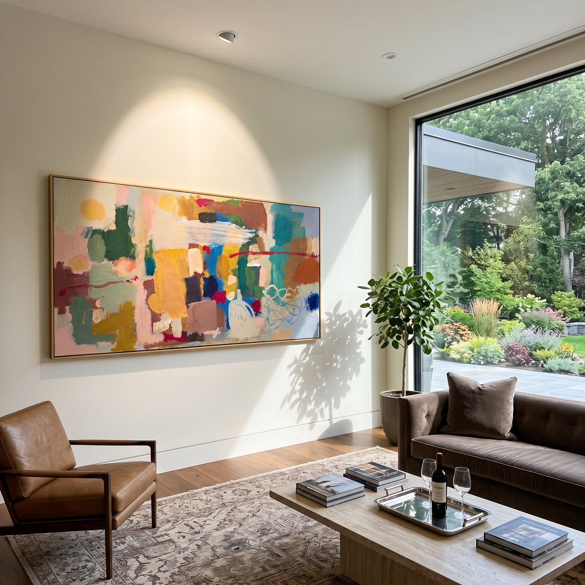 "Bohemian Color Block Panorama Painting" focuses on atmosphere, surface movement, and sculptural heavy impasto craftsmanship rather than a fixed literal storyline. The composition uses this hand-painted panoramic canvas presents a wide bohemian color-block abstract with teal panels, mustard yellow blocks, soft blush fields, cream swirls, blue passages, red linear accents, and heavy tactile paint as the visual anchor, while layered palette-knife paint, raised plaster-like texture, and softened