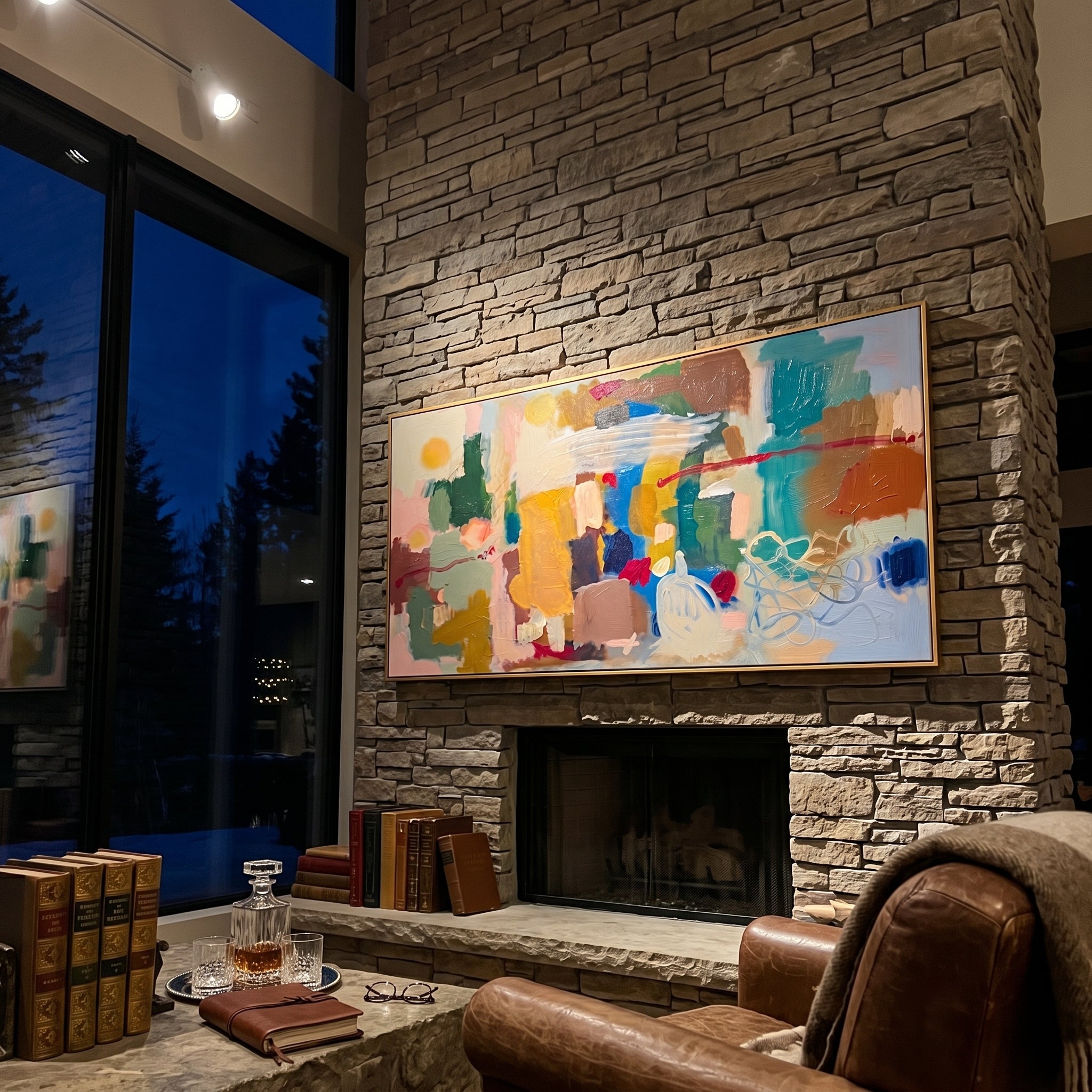"Bohemian Color Block Panorama Painting" focuses on atmosphere, surface movement, and sculptural heavy impasto craftsmanship rather than a fixed literal storyline. The composition uses this hand-painted panoramic canvas presents a wide bohemian color-block abstract with teal panels, mustard yellow blocks, soft blush fields, cream swirls, blue passages, red linear accents, and heavy tactile paint as the visual anchor, while layered palette-knife paint, raised plaster-like texture, and softened
