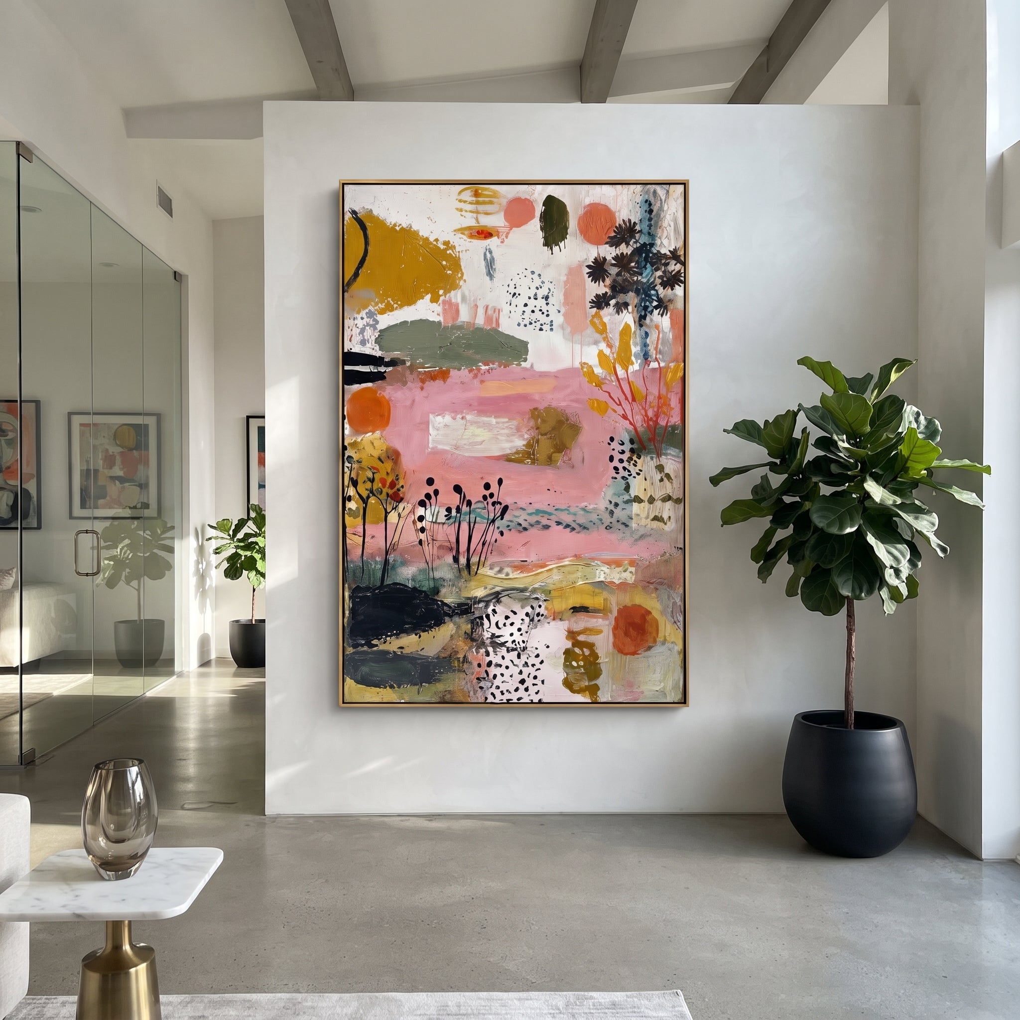"Pink Botanical Bohemian Painting" focuses on atmosphere, surface movement, and sculptural heavy impasto craftsmanship rather than a fixed literal storyline. The composition uses this hand-painted vertical canvas presents a soft pink bohemian botanical abstract with black seed-like stems, ochre leaf forms, olive green bands, coral circles, dotted texture, and raised plaster-like brushwork as the visual anchor, while layered palette-knife paint, raised plaster-like texture, and softened brush