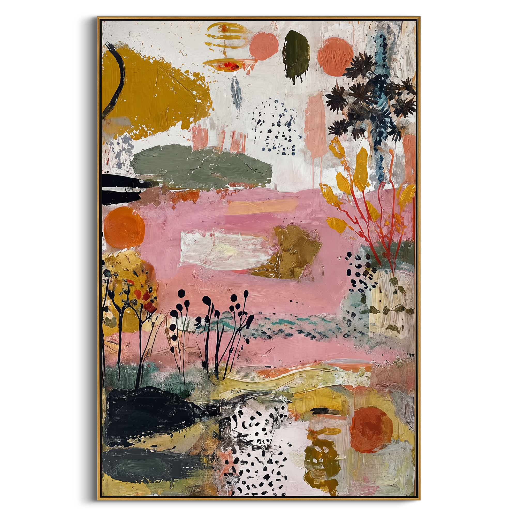 "Pink Botanical Bohemian Painting" focuses on atmosphere, surface movement, and sculptural heavy impasto craftsmanship rather than a fixed literal storyline. The composition uses this hand-painted vertical canvas presents a soft pink bohemian botanical abstract with black seed-like stems, ochre leaf forms, olive green bands, coral circles, dotted texture, and raised plaster-like brushwork as the visual anchor, while layered palette-knife paint, raised plaster-like texture, and softened brush