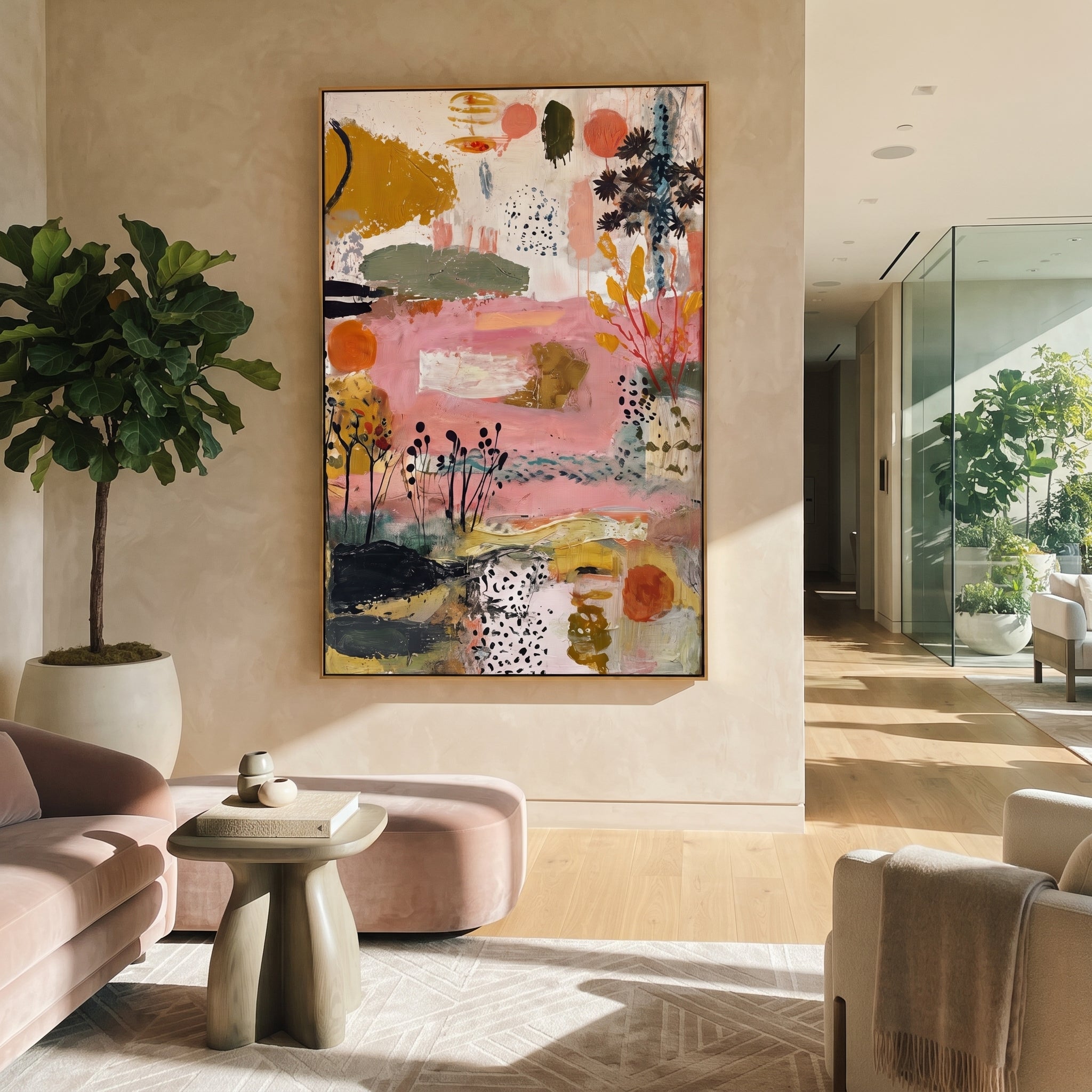 "Pink Botanical Bohemian Painting" focuses on atmosphere, surface movement, and sculptural heavy impasto craftsmanship rather than a fixed literal storyline. The composition uses this hand-painted vertical canvas presents a soft pink bohemian botanical abstract with black seed-like stems, ochre leaf forms, olive green bands, coral circles, dotted texture, and raised plaster-like brushwork as the visual anchor, while layered palette-knife paint, raised plaster-like texture, and softened brush