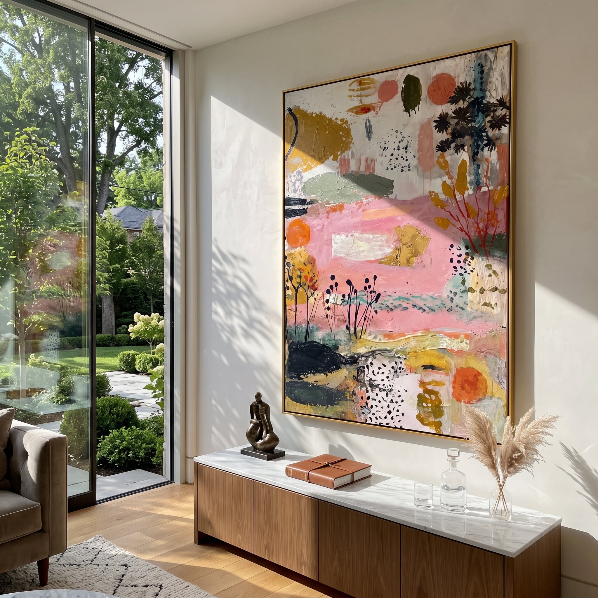 "Pink Botanical Bohemian Painting" focuses on atmosphere, surface movement, and sculptural heavy impasto craftsmanship rather than a fixed literal storyline. The composition uses this hand-painted vertical canvas presents a soft pink bohemian botanical abstract with black seed-like stems, ochre leaf forms, olive green bands, coral circles, dotted texture, and raised plaster-like brushwork as the visual anchor, while layered palette-knife paint, raised plaster-like texture, and softened brush
