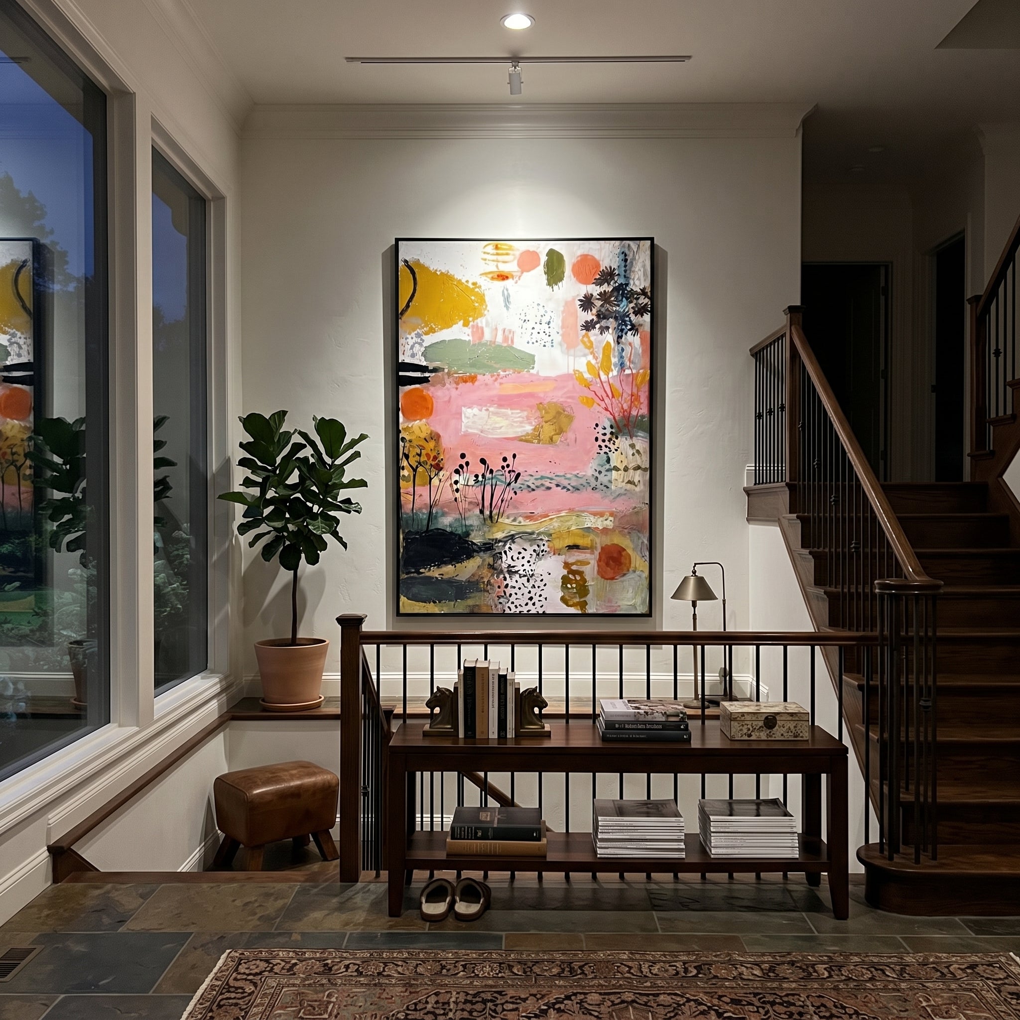 "Pink Botanical Bohemian Painting" focuses on atmosphere, surface movement, and sculptural heavy impasto craftsmanship rather than a fixed literal storyline. The composition uses this hand-painted vertical canvas presents a soft pink bohemian botanical abstract with black seed-like stems, ochre leaf forms, olive green bands, coral circles, dotted texture, and raised plaster-like brushwork as the visual anchor, while layered palette-knife paint, raised plaster-like texture, and softened brush