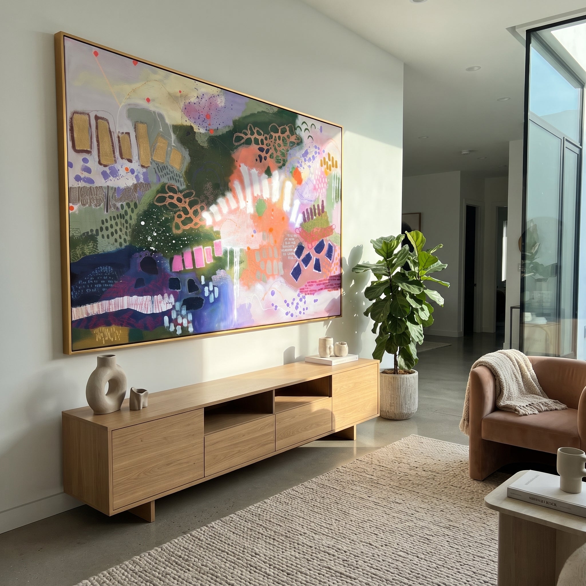"Bohemian Pattern Field Painting" focuses on atmosphere, surface movement, and sculptural heavy impasto craftsmanship rather than a fixed literal storyline. The composition uses this hand-painted horizontal canvas presents a bohemian pattern-field abstract with deep green shapes, coral and lavender passages, white rhythmic marks, purple dots, navy blocks, and layered graphic texture as the visual anchor, while layered palette-knife paint, raised plaster-like texture, and softened brush movement