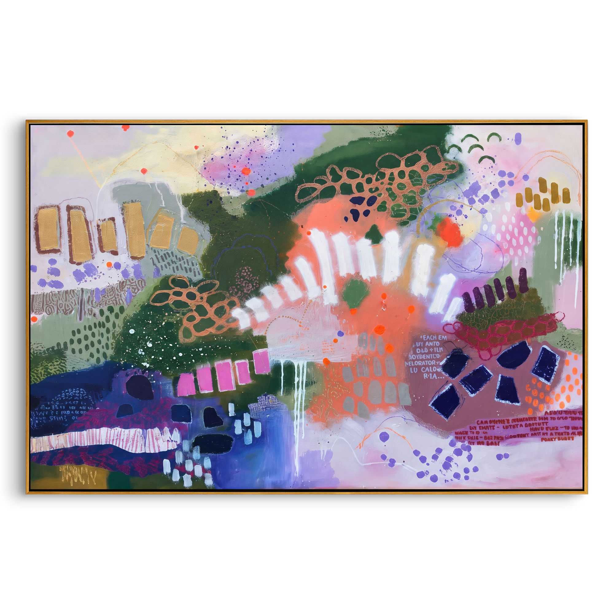 "Bohemian Pattern Field Painting" focuses on atmosphere, surface movement, and sculptural heavy impasto craftsmanship rather than a fixed literal storyline. The composition uses this hand-painted horizontal canvas presents a bohemian pattern-field abstract with deep green shapes, coral and lavender passages, white rhythmic marks, purple dots, navy blocks, and layered graphic texture as the visual anchor, while layered palette-knife paint, raised plaster-like texture, and softened brush movement
