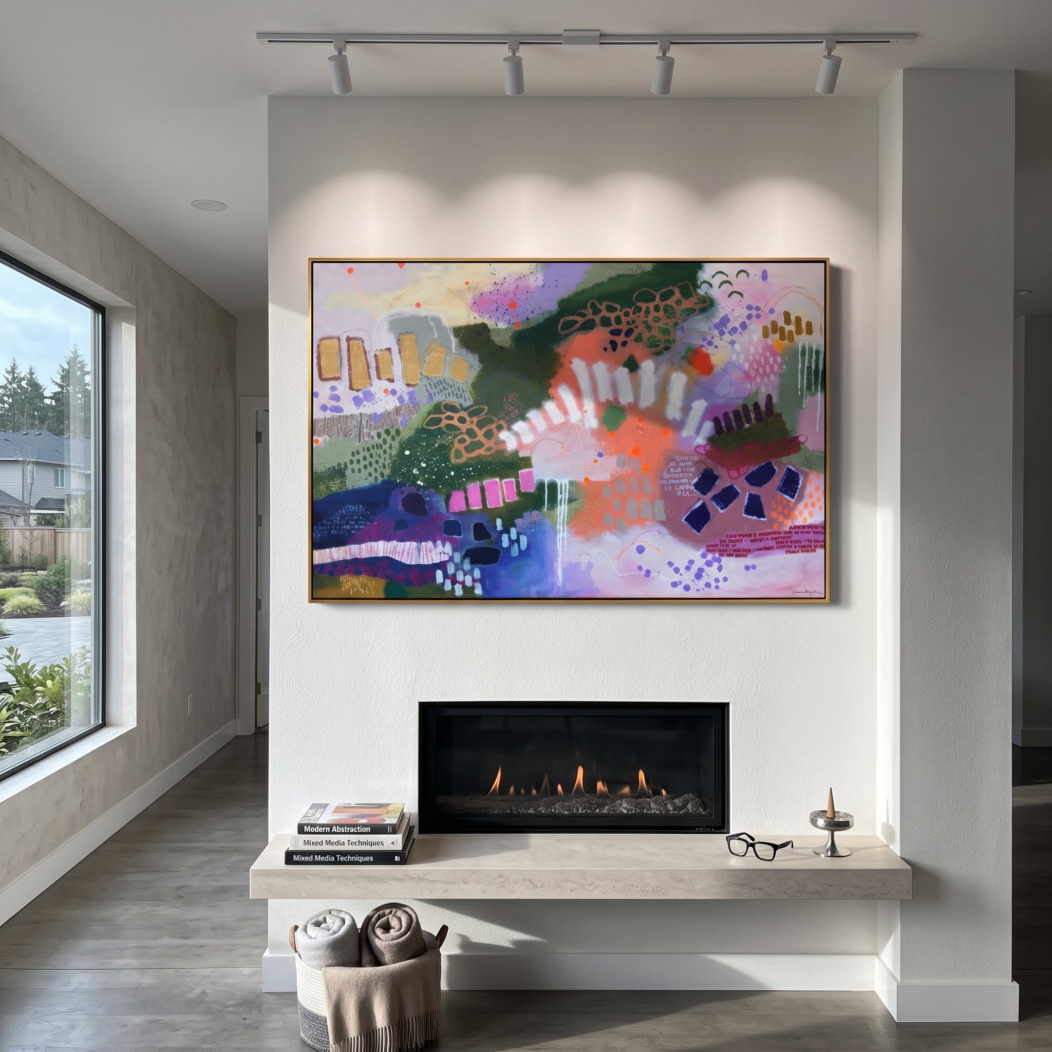 "Bohemian Pattern Field Painting" focuses on atmosphere, surface movement, and sculptural heavy impasto craftsmanship rather than a fixed literal storyline. The composition uses this hand-painted horizontal canvas presents a bohemian pattern-field abstract with deep green shapes, coral and lavender passages, white rhythmic marks, purple dots, navy blocks, and layered graphic texture as the visual anchor, while layered palette-knife paint, raised plaster-like texture, and softened brush movement
