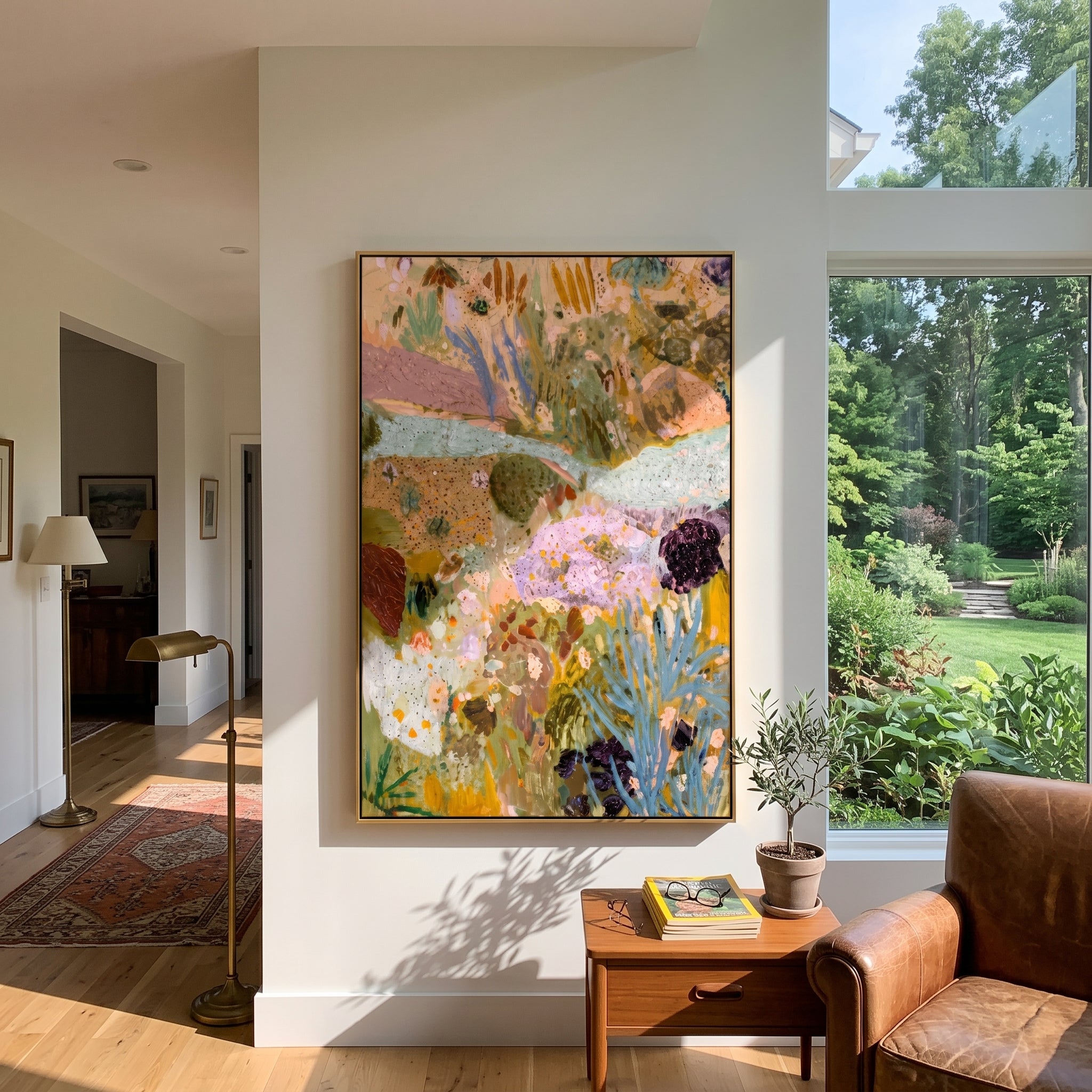 "Soft Bohemian Botanical Painting" focuses on atmosphere, surface movement, and sculptural heavy impasto craftsmanship rather than a fixed literal storyline. The composition uses this hand-painted vertical canvas presents a soft bohemian botanical abstract with pale aqua movement, muted green foliage, lavender floral forms, ochre earth tones, speckled texture, and airy layered brushwork as the visual anchor, while layered palette-knife paint, raised plaster-like texture, and softened brush