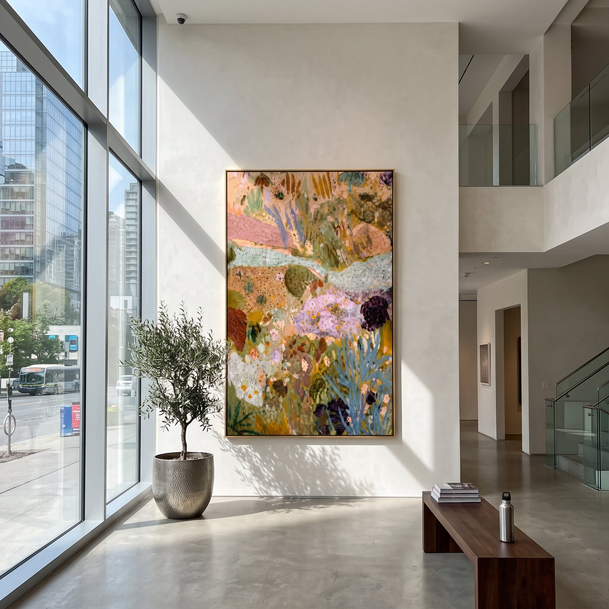 "Soft Bohemian Botanical Painting" focuses on atmosphere, surface movement, and sculptural heavy impasto craftsmanship rather than a fixed literal storyline. The composition uses this hand-painted vertical canvas presents a soft bohemian botanical abstract with pale aqua movement, muted green foliage, lavender floral forms, ochre earth tones, speckled texture, and airy layered brushwork as the visual anchor, while layered palette-knife paint, raised plaster-like texture, and softened brush