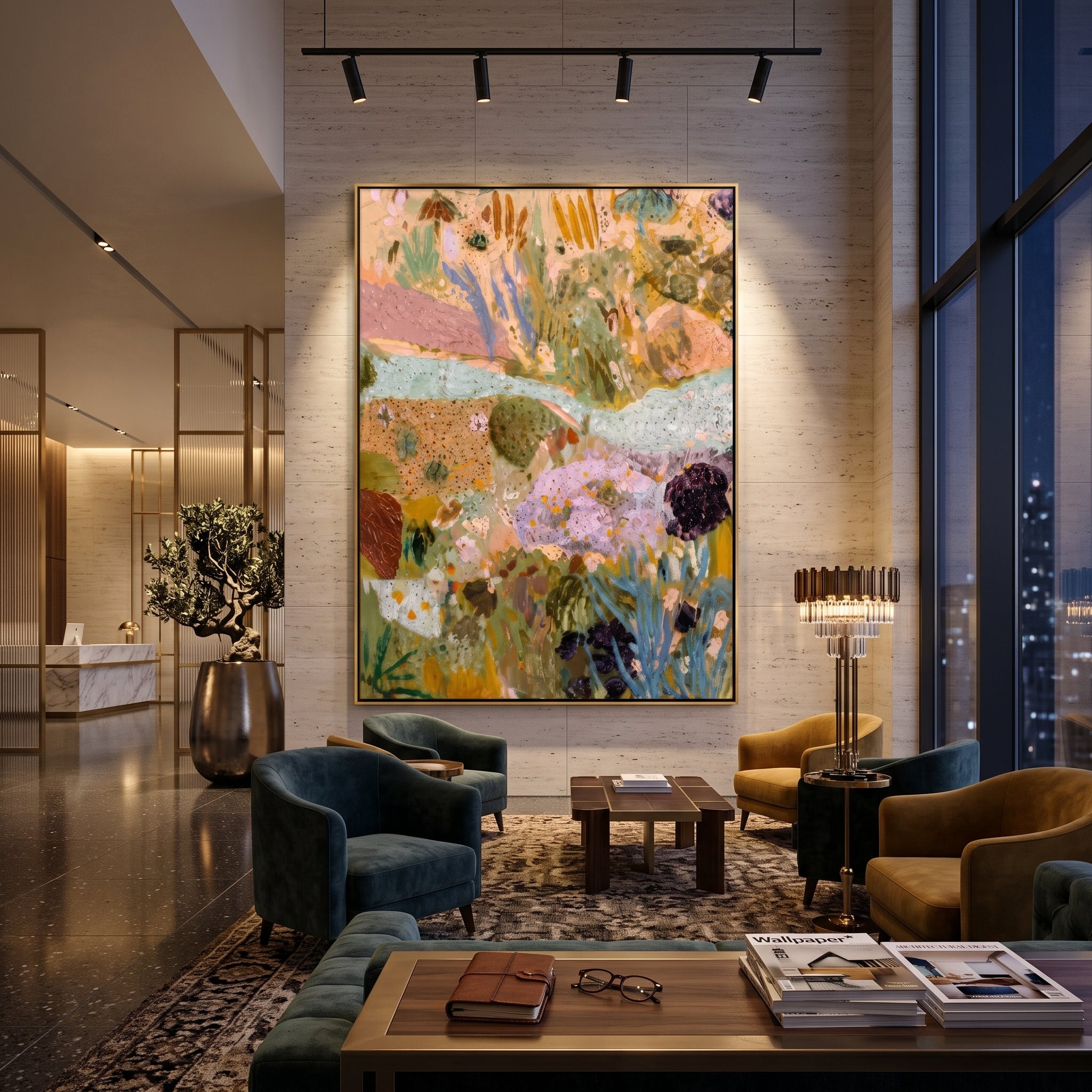 "Soft Bohemian Botanical Painting" focuses on atmosphere, surface movement, and sculptural heavy impasto craftsmanship rather than a fixed literal storyline. The composition uses this hand-painted vertical canvas presents a soft bohemian botanical abstract with pale aqua movement, muted green foliage, lavender floral forms, ochre earth tones, speckled texture, and airy layered brushwork as the visual anchor, while layered palette-knife paint, raised plaster-like texture, and softened brush