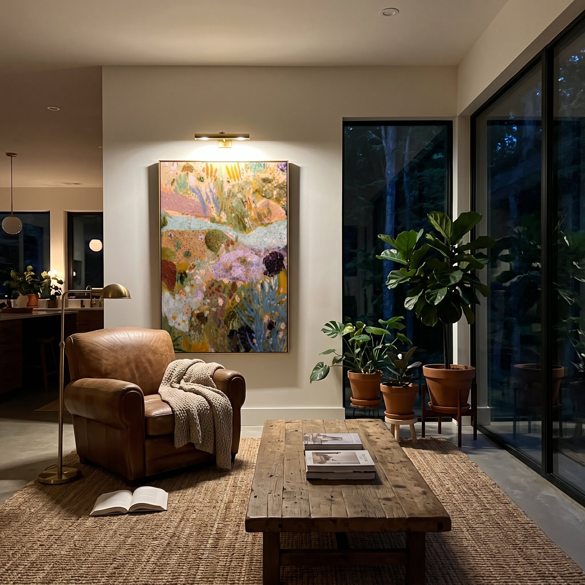 "Soft Bohemian Botanical Painting" focuses on atmosphere, surface movement, and sculptural heavy impasto craftsmanship rather than a fixed literal storyline. The composition uses this hand-painted vertical canvas presents a soft bohemian botanical abstract with pale aqua movement, muted green foliage, lavender floral forms, ochre earth tones, speckled texture, and airy layered brushwork as the visual anchor, while layered palette-knife paint, raised plaster-like texture, and softened brush