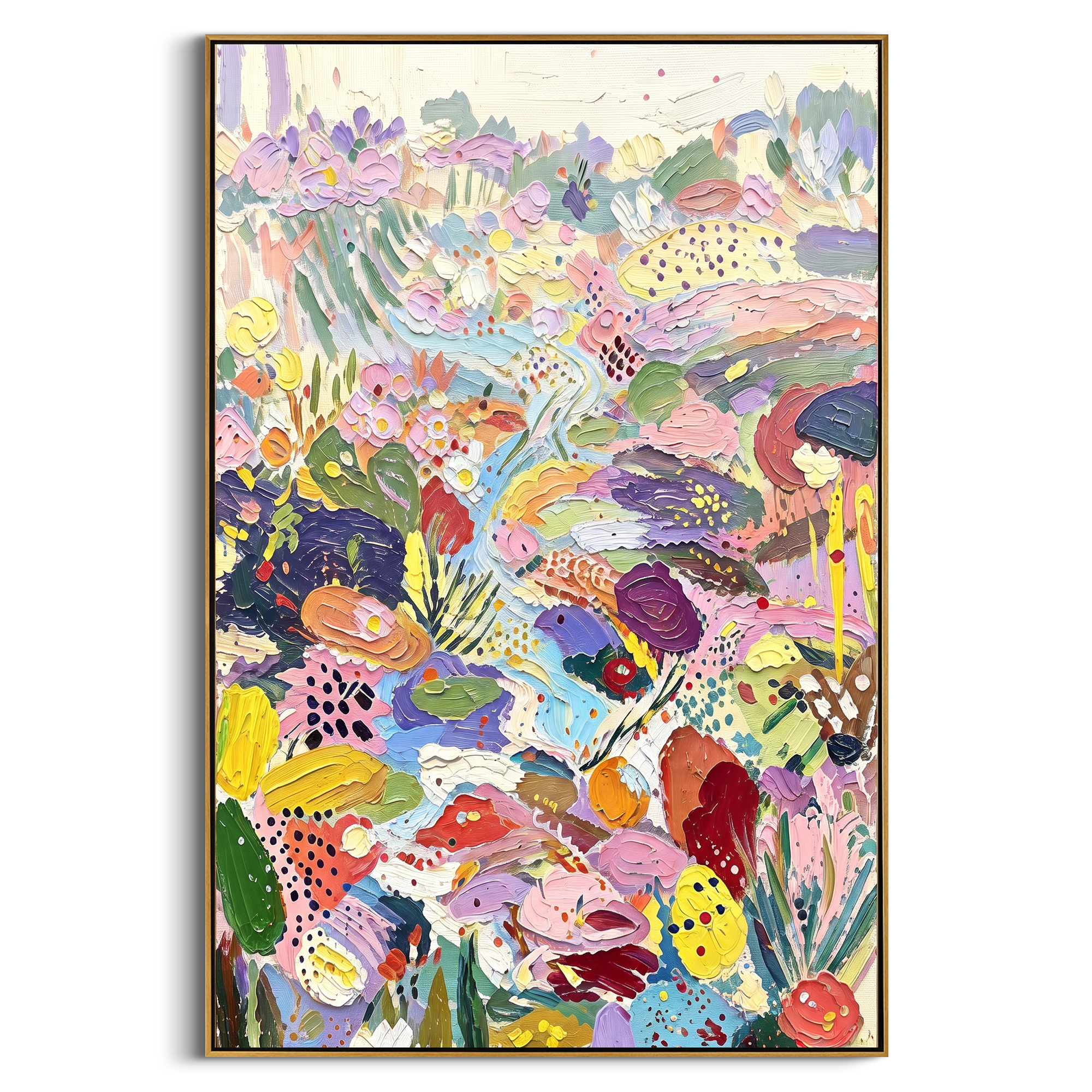 "Pastel Bohemian Floral Garden Painting" focuses on atmosphere, surface movement, and sculptural heavy impasto craftsmanship rather than a fixed literal storyline. The composition uses this hand-painted vertical canvas presents a bright pastel bohemian floral garden with lavender blossoms, pink and yellow petals, pale blue flowing paths, green leaf shapes, dotted accents, and thick raised impasto texture as the visual anchor, while layered palette-knife paint, raised plaster-like texture, and