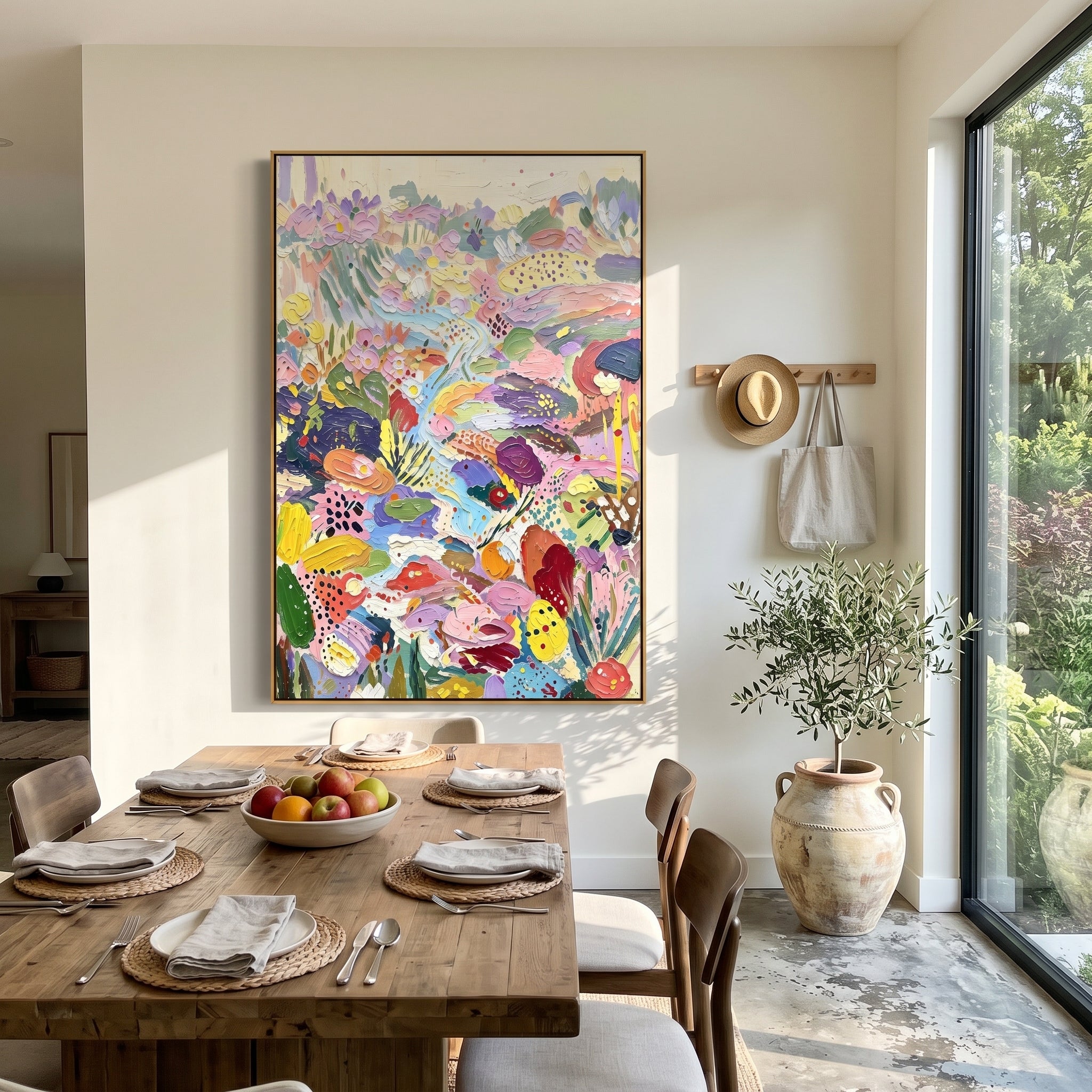 "Pastel Bohemian Floral Garden Painting" focuses on atmosphere, surface movement, and sculptural heavy impasto craftsmanship rather than a fixed literal storyline. The composition uses this hand-painted vertical canvas presents a bright pastel bohemian floral garden with lavender blossoms, pink and yellow petals, pale blue flowing paths, green leaf shapes, dotted accents, and thick raised impasto texture as the visual anchor, while layered palette-knife paint, raised plaster-like texture, and