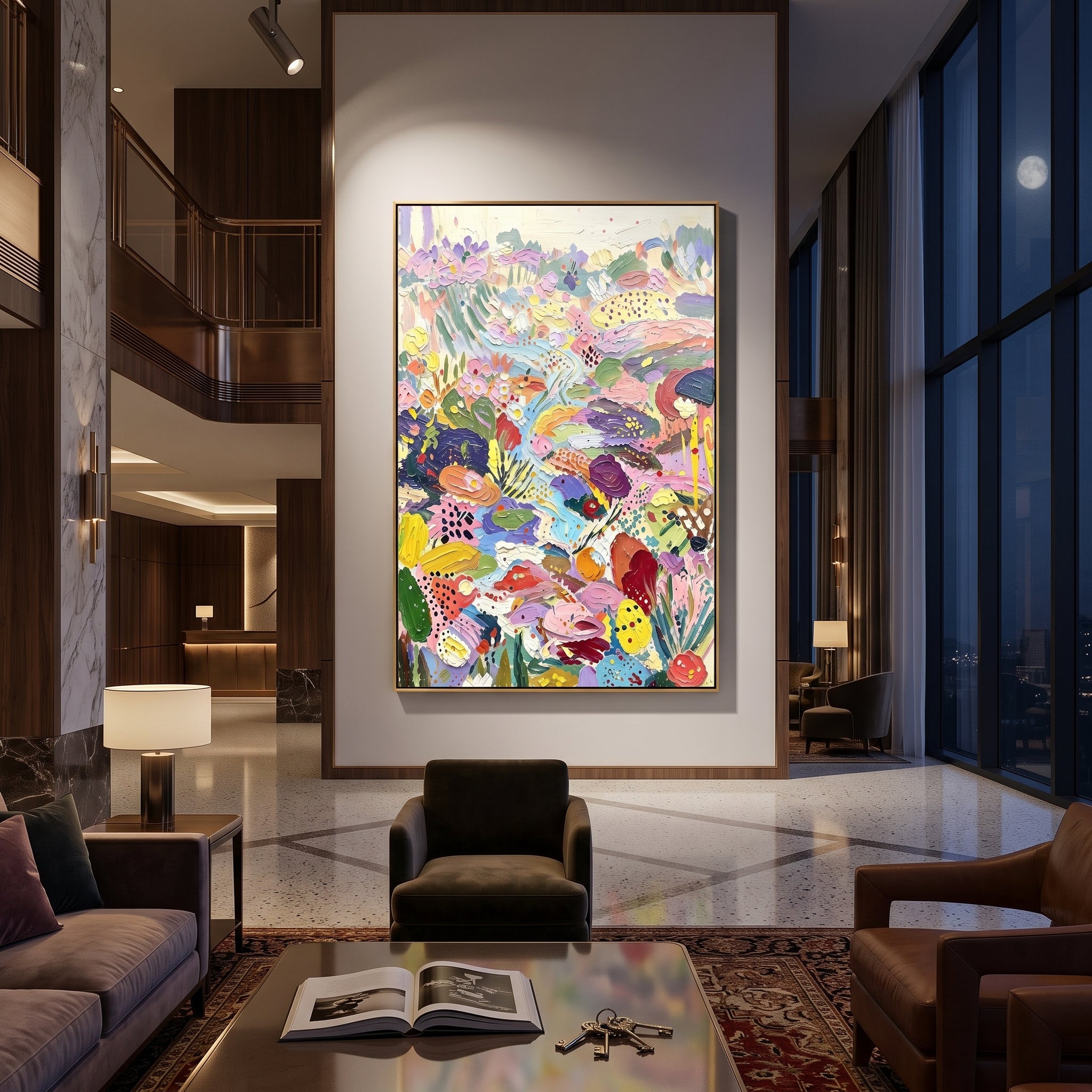 "Pastel Bohemian Floral Garden Painting" focuses on atmosphere, surface movement, and sculptural heavy impasto craftsmanship rather than a fixed literal storyline. The composition uses this hand-painted vertical canvas presents a bright pastel bohemian floral garden with lavender blossoms, pink and yellow petals, pale blue flowing paths, green leaf shapes, dotted accents, and thick raised impasto texture as the visual anchor, while layered palette-knife paint, raised plaster-like texture, and
