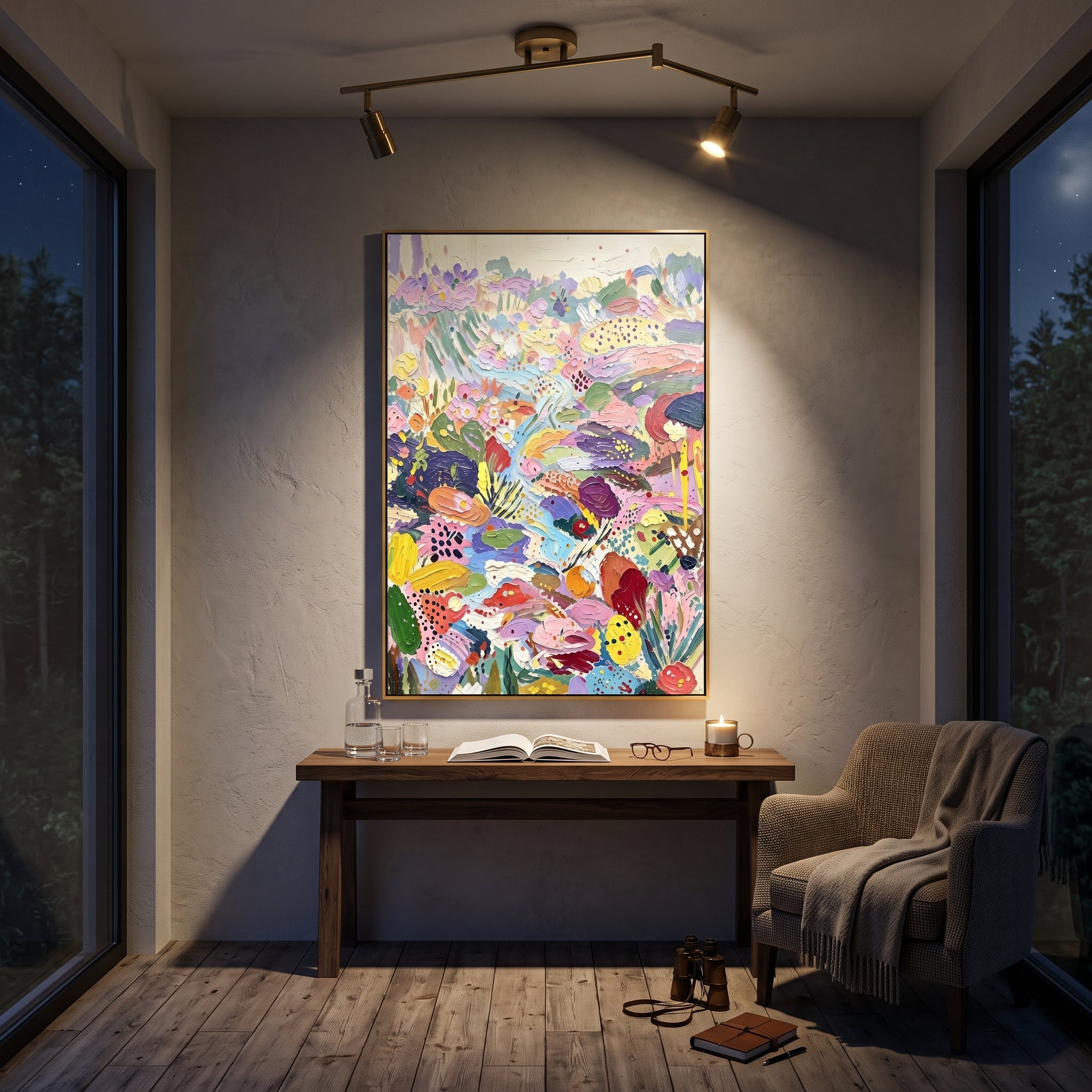 "Pastel Bohemian Floral Garden Painting" focuses on atmosphere, surface movement, and sculptural heavy impasto craftsmanship rather than a fixed literal storyline. The composition uses this hand-painted vertical canvas presents a bright pastel bohemian floral garden with lavender blossoms, pink and yellow petals, pale blue flowing paths, green leaf shapes, dotted accents, and thick raised impasto texture as the visual anchor, while layered palette-knife paint, raised plaster-like texture, and