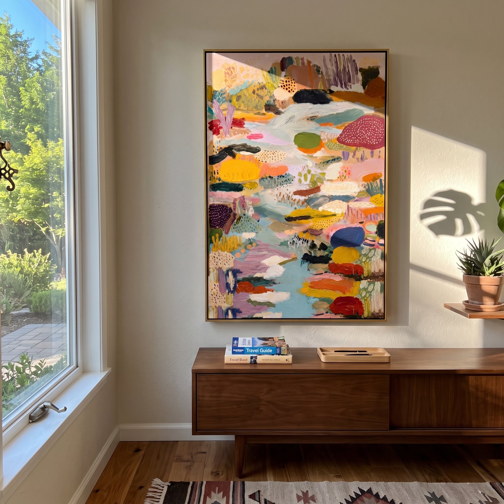 "Muted Bohemian River Abstract Painting" focuses on atmosphere, surface movement, and sculptural heavy impasto craftsmanship rather than a fixed literal storyline. The composition uses this hand-painted vertical canvas presents a muted bohemian abstract with a pale blue river-like center, mustard and mauve patches, dotted mushroom-like forms, olive green marks, coral accents, and thick tactile brushwork as the visual anchor, while layered palette-knife paint, raised plaster-like texture, and