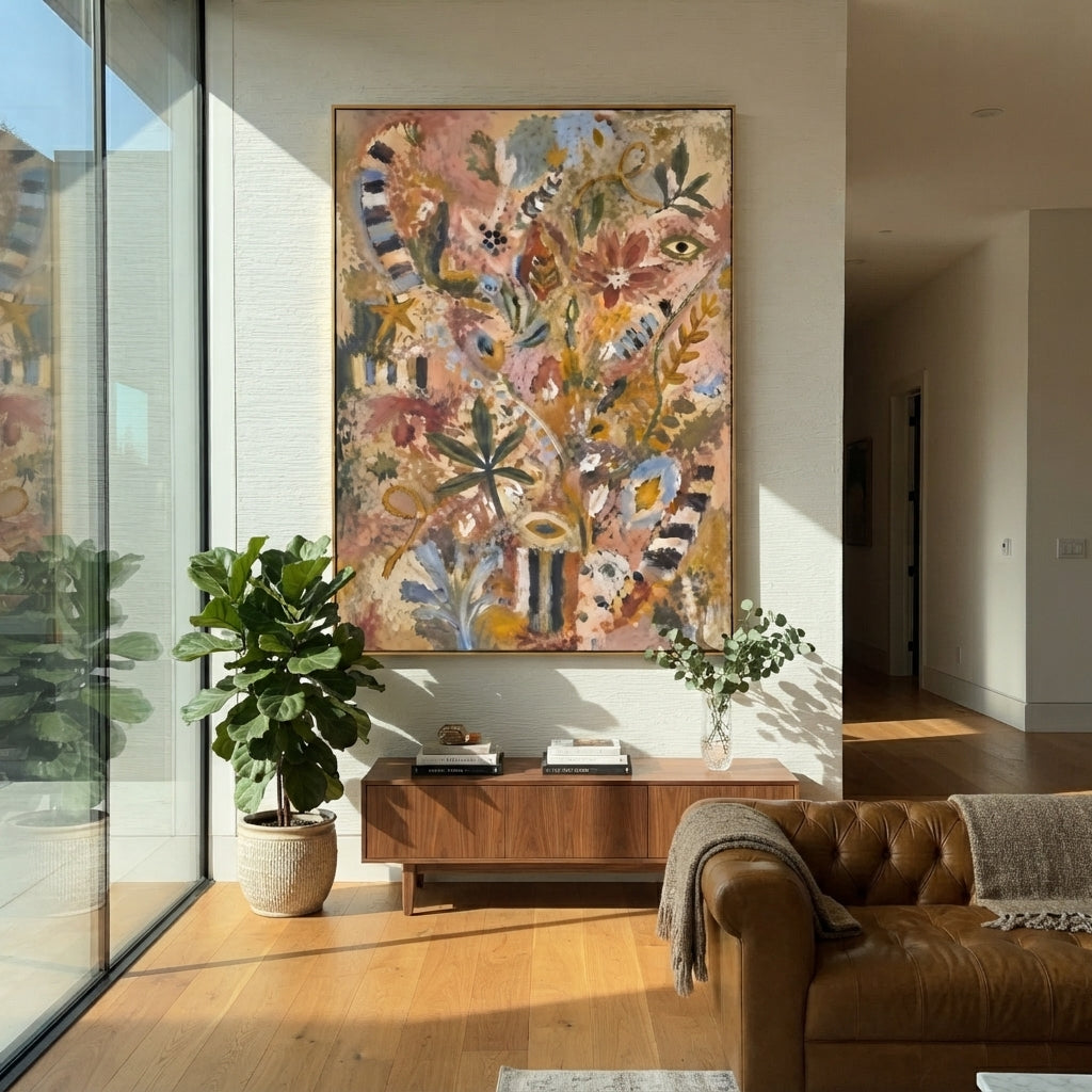 "Bohemian Botanical Totem Painting" focuses on atmosphere, surface movement, and sculptural heavy impasto craftsmanship rather than a fixed literal storyline. The composition uses this hand-painted vertical canvas presents a warm bohemian botanical totem composition with leafy stems, floral symbols, striped accents, eye-like motifs, soft blue details, dusty rose ground, and weathered textured paint as the visual anchor, while layered palette-knife paint, raised plaster-like texture, and softened