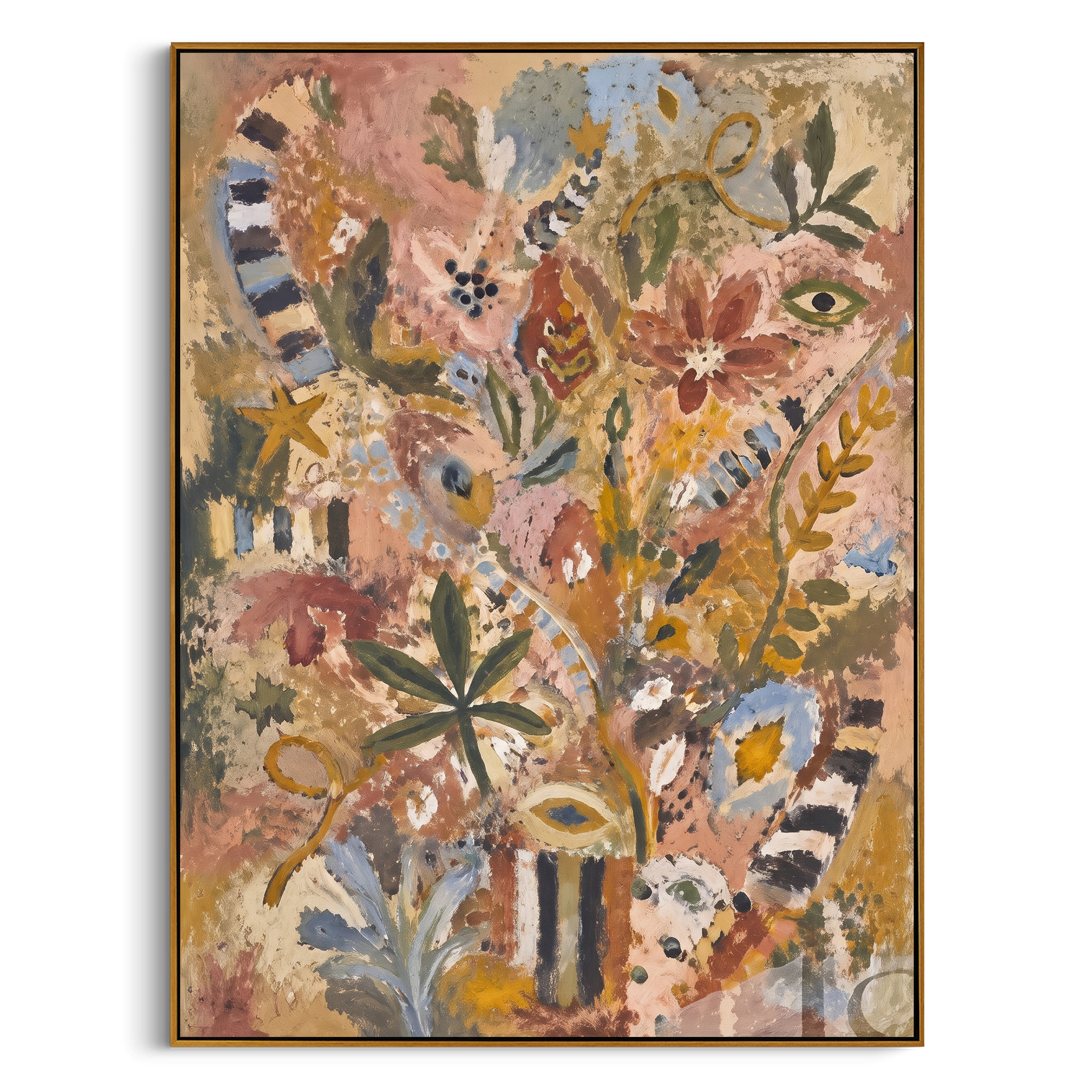 "Bohemian Botanical Totem Painting" focuses on atmosphere, surface movement, and sculptural heavy impasto craftsmanship rather than a fixed literal storyline. The composition uses this hand-painted vertical canvas presents a warm bohemian botanical totem composition with leafy stems, floral symbols, striped accents, eye-like motifs, soft blue details, dusty rose ground, and weathered textured paint as the visual anchor, while layered palette-knife paint, raised plaster-like texture, and softened