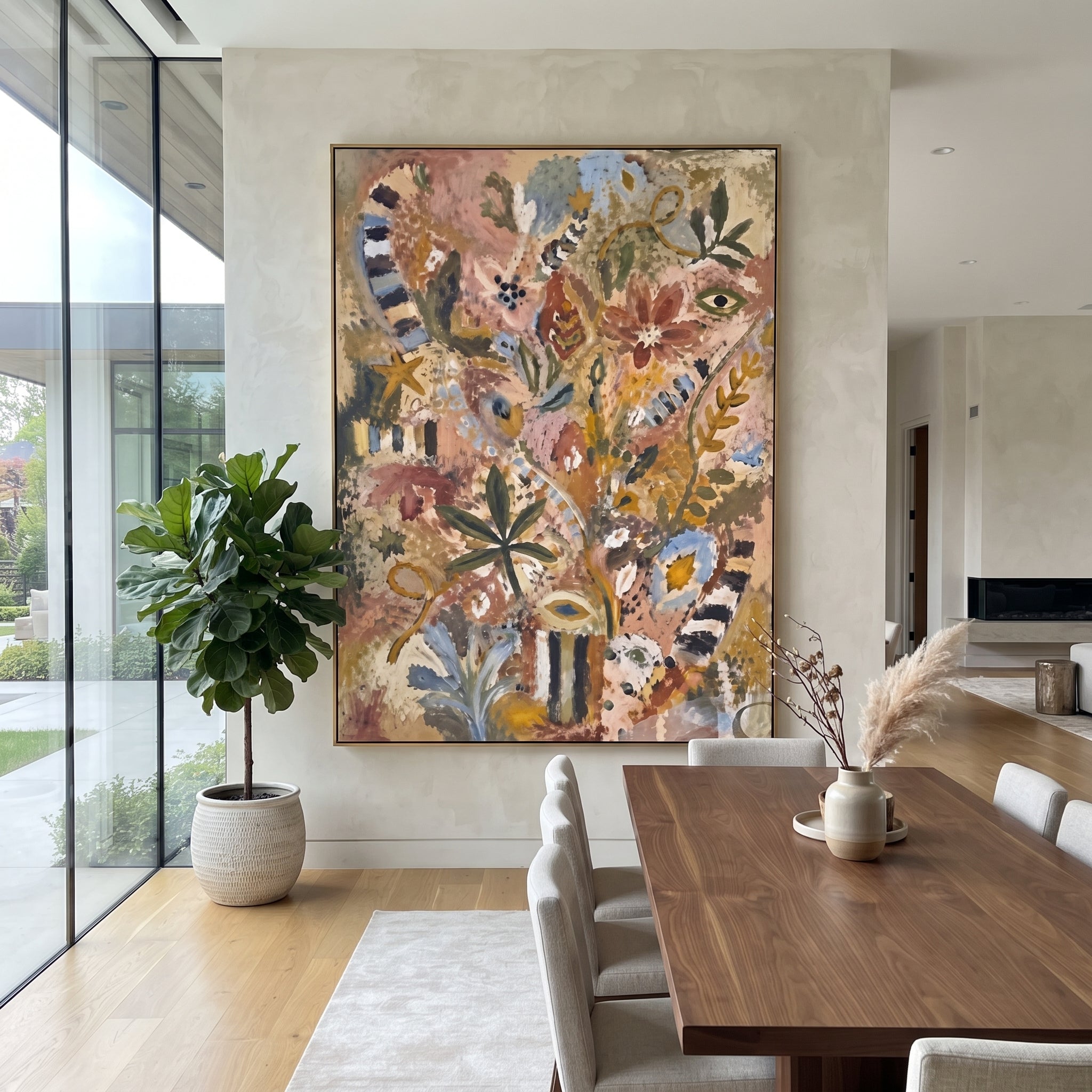 "Bohemian Botanical Totem Painting" focuses on atmosphere, surface movement, and sculptural heavy impasto craftsmanship rather than a fixed literal storyline. The composition uses this hand-painted vertical canvas presents a warm bohemian botanical totem composition with leafy stems, floral symbols, striped accents, eye-like motifs, soft blue details, dusty rose ground, and weathered textured paint as the visual anchor, while layered palette-knife paint, raised plaster-like texture, and softened