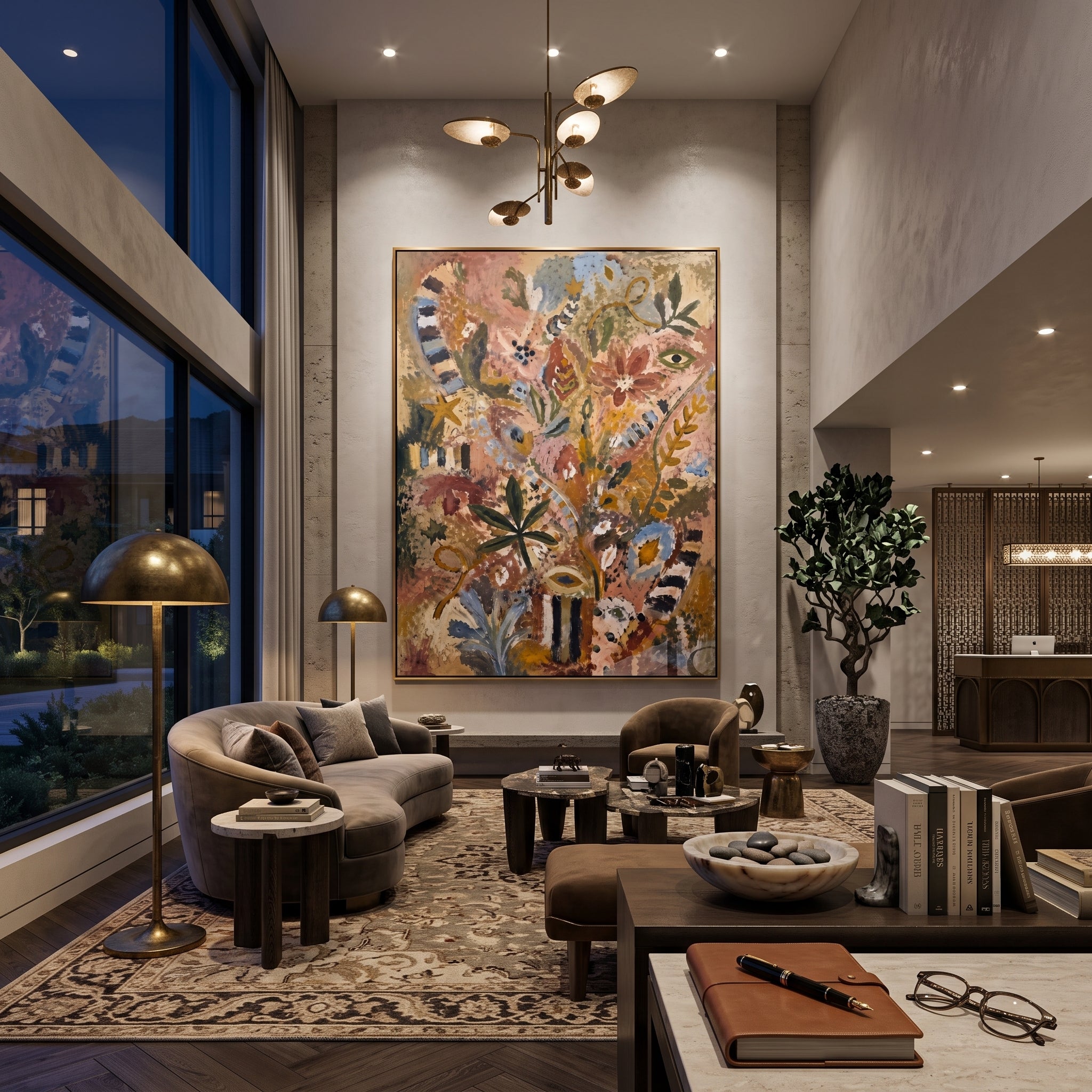 "Bohemian Botanical Totem Painting" focuses on atmosphere, surface movement, and sculptural heavy impasto craftsmanship rather than a fixed literal storyline. The composition uses this hand-painted vertical canvas presents a warm bohemian botanical totem composition with leafy stems, floral symbols, striped accents, eye-like motifs, soft blue details, dusty rose ground, and weathered textured paint as the visual anchor, while layered palette-knife paint, raised plaster-like texture, and softened