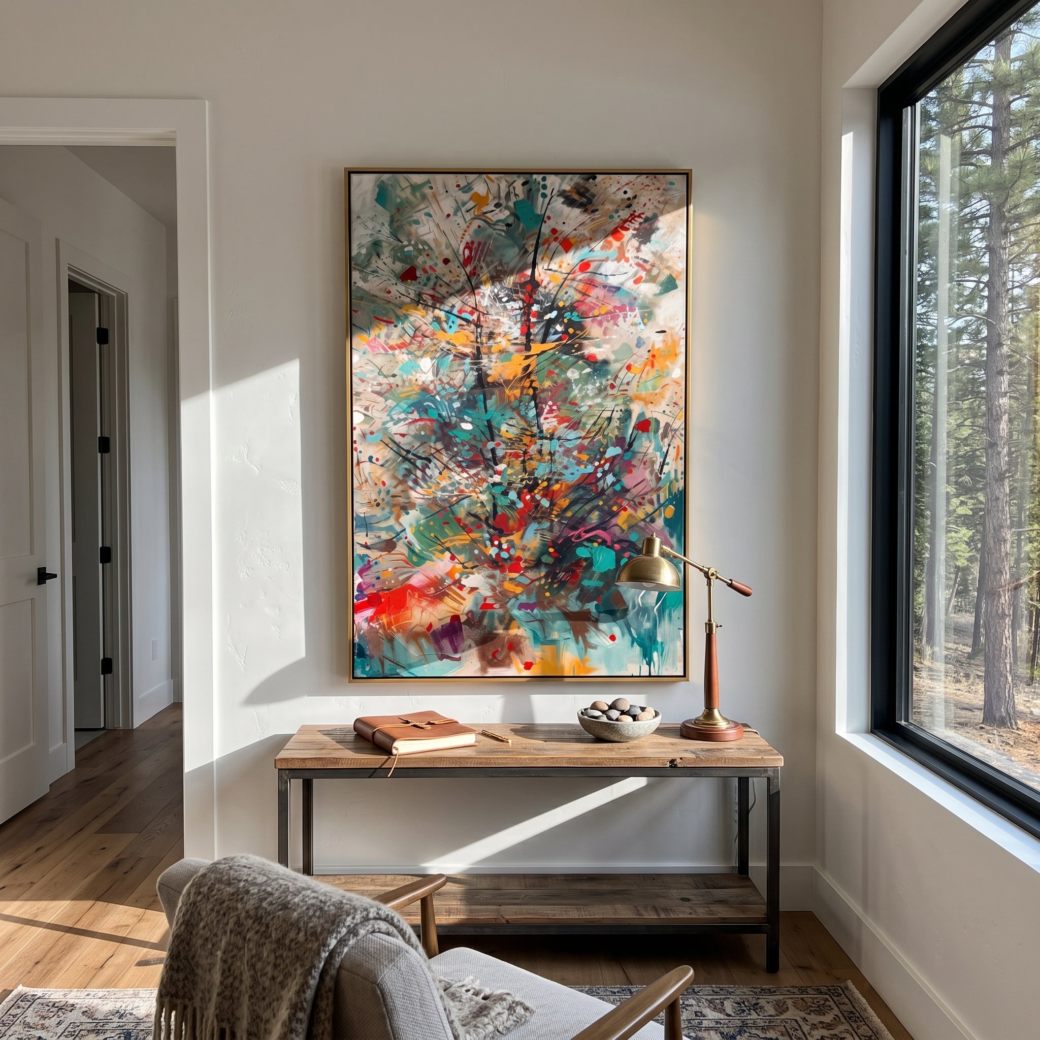 "Turquoise Burst Bohemian Painting" focuses on atmosphere, surface movement, and sculptural heavy impasto craftsmanship rather than a fixed literal storyline. The composition uses this hand-painted vertical canvas presents an energetic bohemian abstract burst with turquoise sweeps, black linear movement, red dots, orange marks, smoky grey layers, and expressive splattered texture as the visual anchor, while layered palette-knife paint, raised plaster-like texture, and softened brush movement