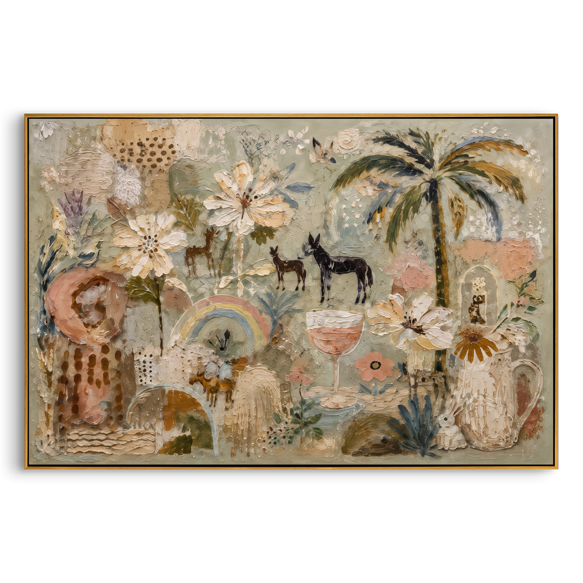 "Neutral Bohemian Palm Garden Painting" focuses on atmosphere, surface movement, and sculptural heavy impasto craftsmanship rather than a fixed literal storyline. The composition uses this hand-painted horizontal canvas presents a neutral bohemian garden with palm tree, cream flowers, small animal figures, arched motifs, soft sage ground, blush details, and raised plaster texture as the visual anchor, while layered palette-knife paint, raised plaster-like texture, and softened brush movement