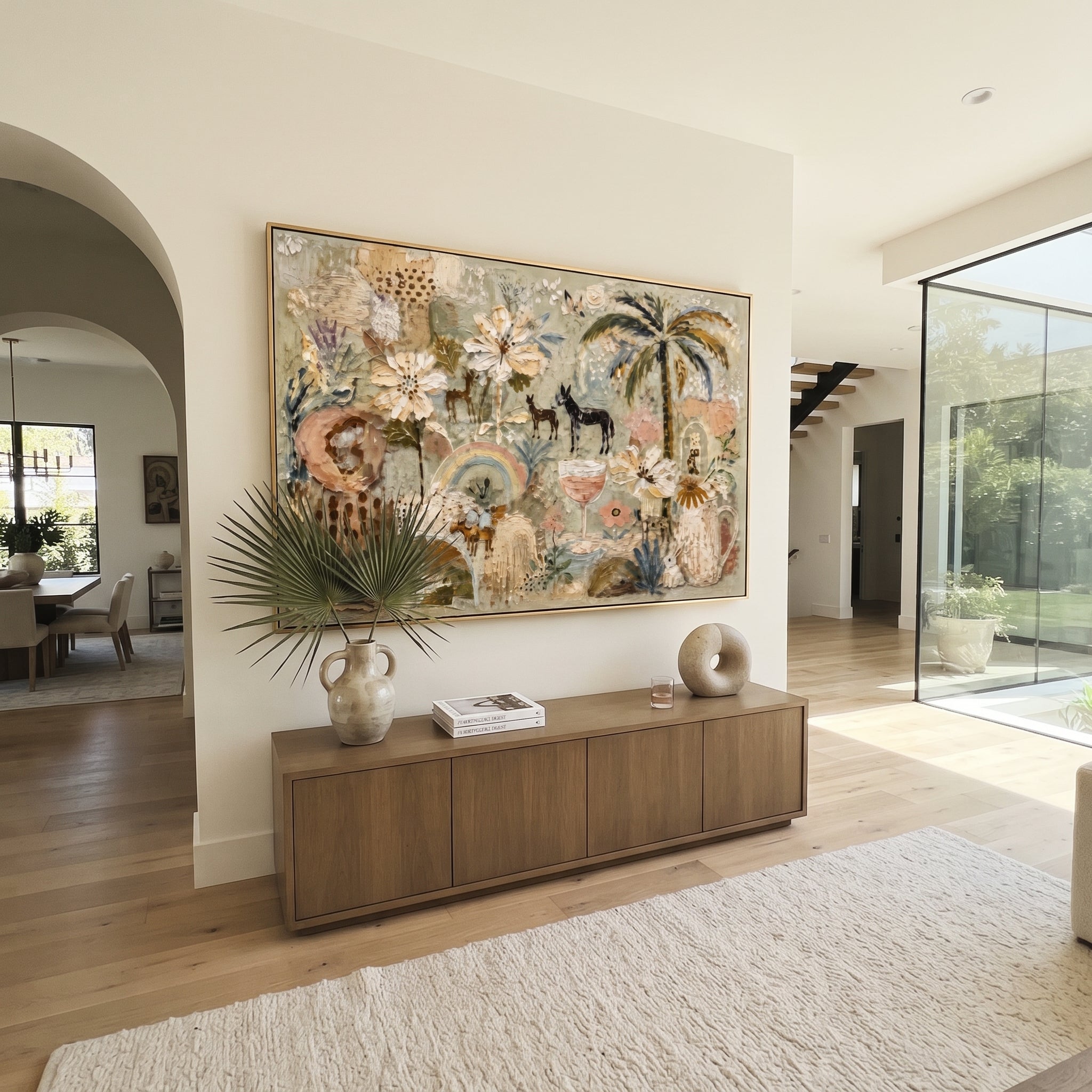 "Neutral Bohemian Palm Garden Painting" focuses on atmosphere, surface movement, and sculptural heavy impasto craftsmanship rather than a fixed literal storyline. The composition uses this hand-painted horizontal canvas presents a neutral bohemian garden with palm tree, cream flowers, small animal figures, arched motifs, soft sage ground, blush details, and raised plaster texture as the visual anchor, while layered palette-knife paint, raised plaster-like texture, and softened brush movement