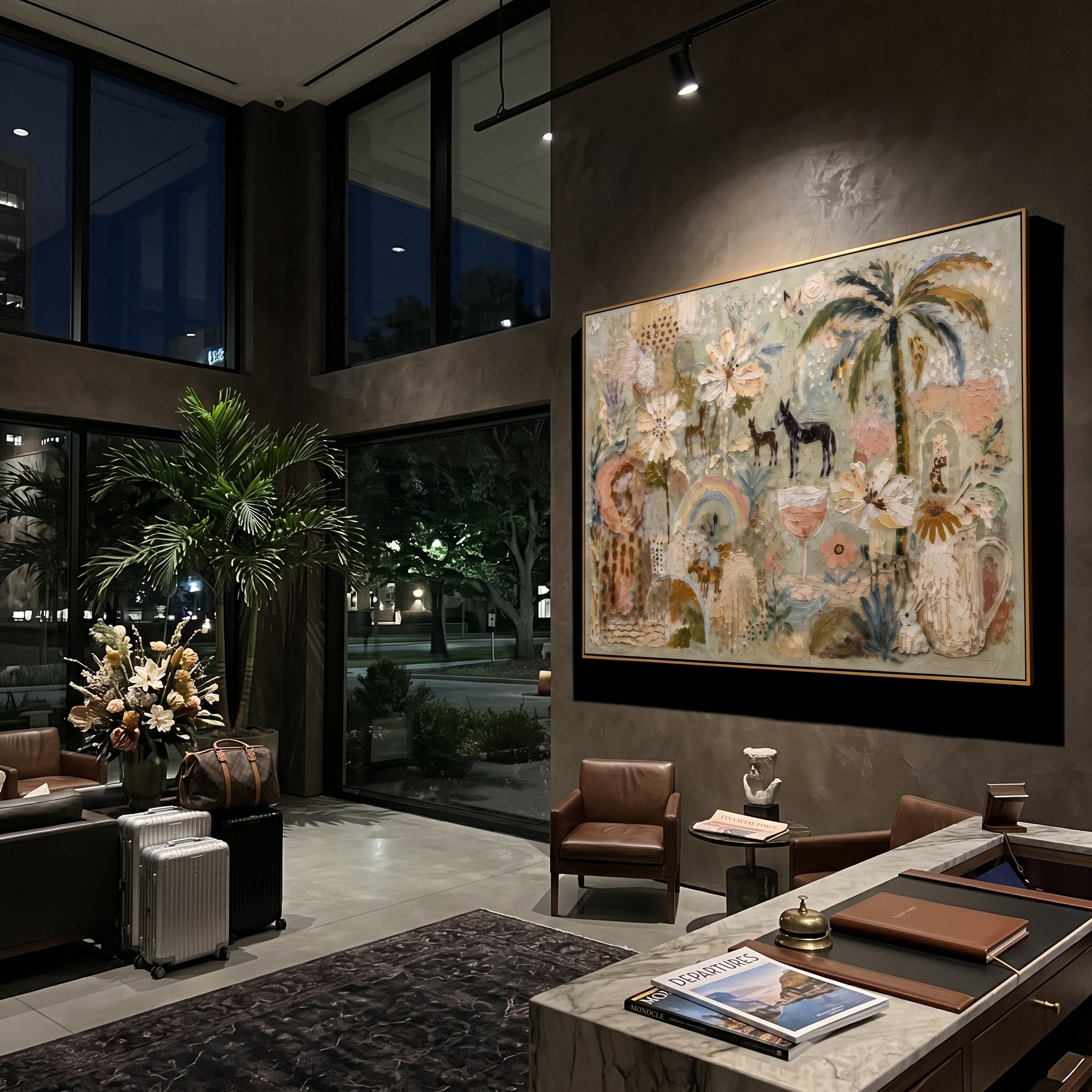 "Neutral Bohemian Palm Garden Painting" focuses on atmosphere, surface movement, and sculptural heavy impasto craftsmanship rather than a fixed literal storyline. The composition uses this hand-painted horizontal canvas presents a neutral bohemian garden with palm tree, cream flowers, small animal figures, arched motifs, soft sage ground, blush details, and raised plaster texture as the visual anchor, while layered palette-knife paint, raised plaster-like texture, and softened brush movement
