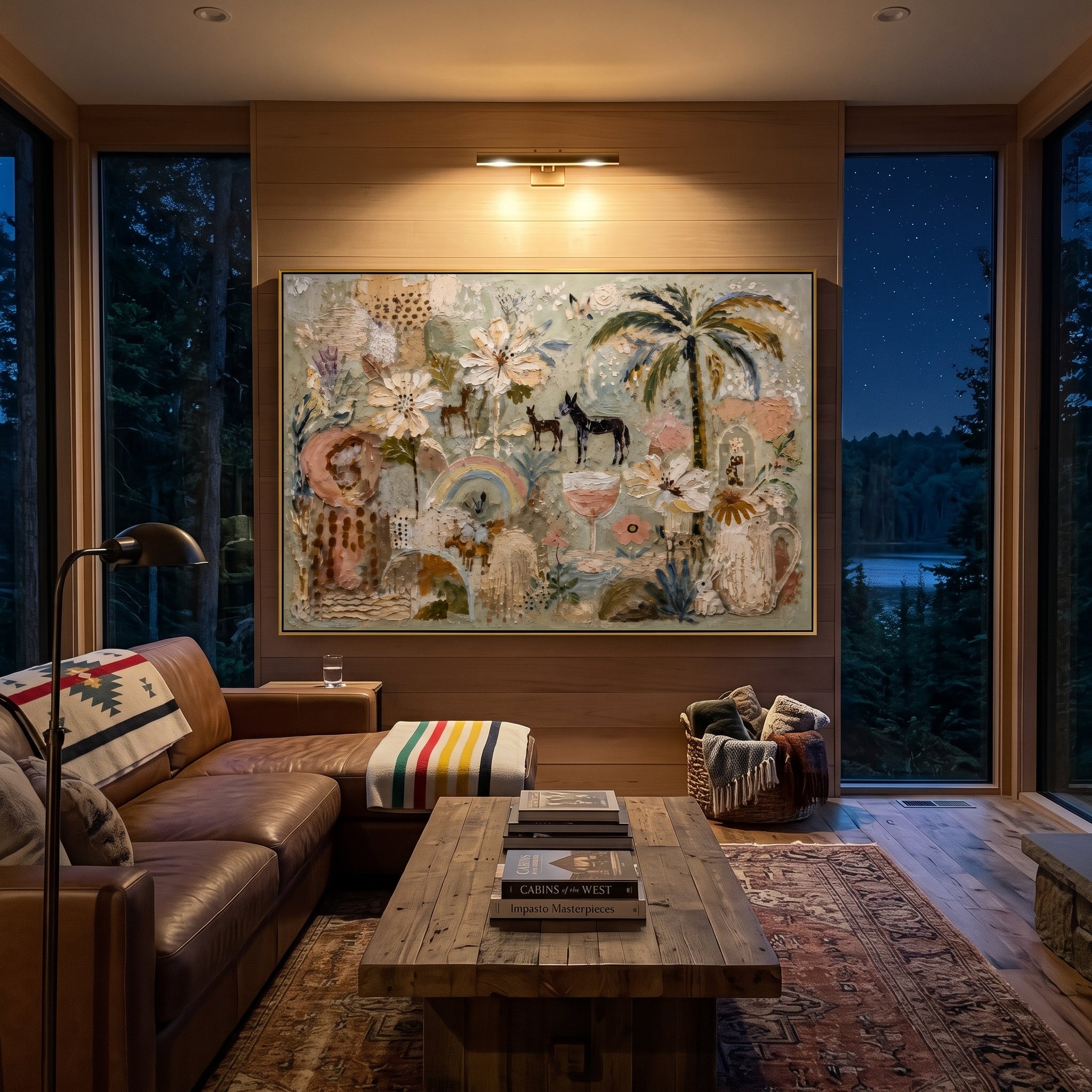 "Neutral Bohemian Palm Garden Painting" focuses on atmosphere, surface movement, and sculptural heavy impasto craftsmanship rather than a fixed literal storyline. The composition uses this hand-painted horizontal canvas presents a neutral bohemian garden with palm tree, cream flowers, small animal figures, arched motifs, soft sage ground, blush details, and raised plaster texture as the visual anchor, while layered palette-knife paint, raised plaster-like texture, and softened brush movement