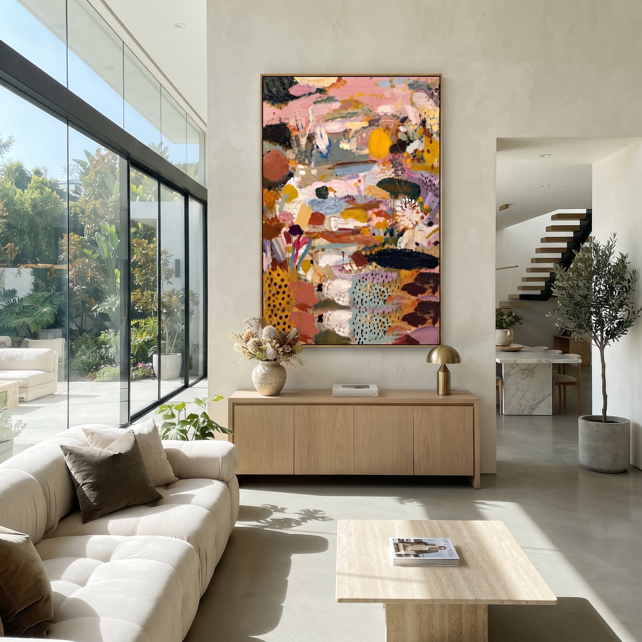 "Golden Pink Bohemian Garden Painting" focuses on atmosphere, surface movement, and sculptural heavy impasto craftsmanship rather than a fixed literal storyline. The composition uses this hand-painted vertical canvas presents a warm bohemian garden abstract with golden yellow forms, dusty pink fields, blue-grey passages, white floral strokes, black dotted patches, and dense impasto texture as the visual anchor, while layered palette-knife paint, raised plaster-like texture, and softened brush