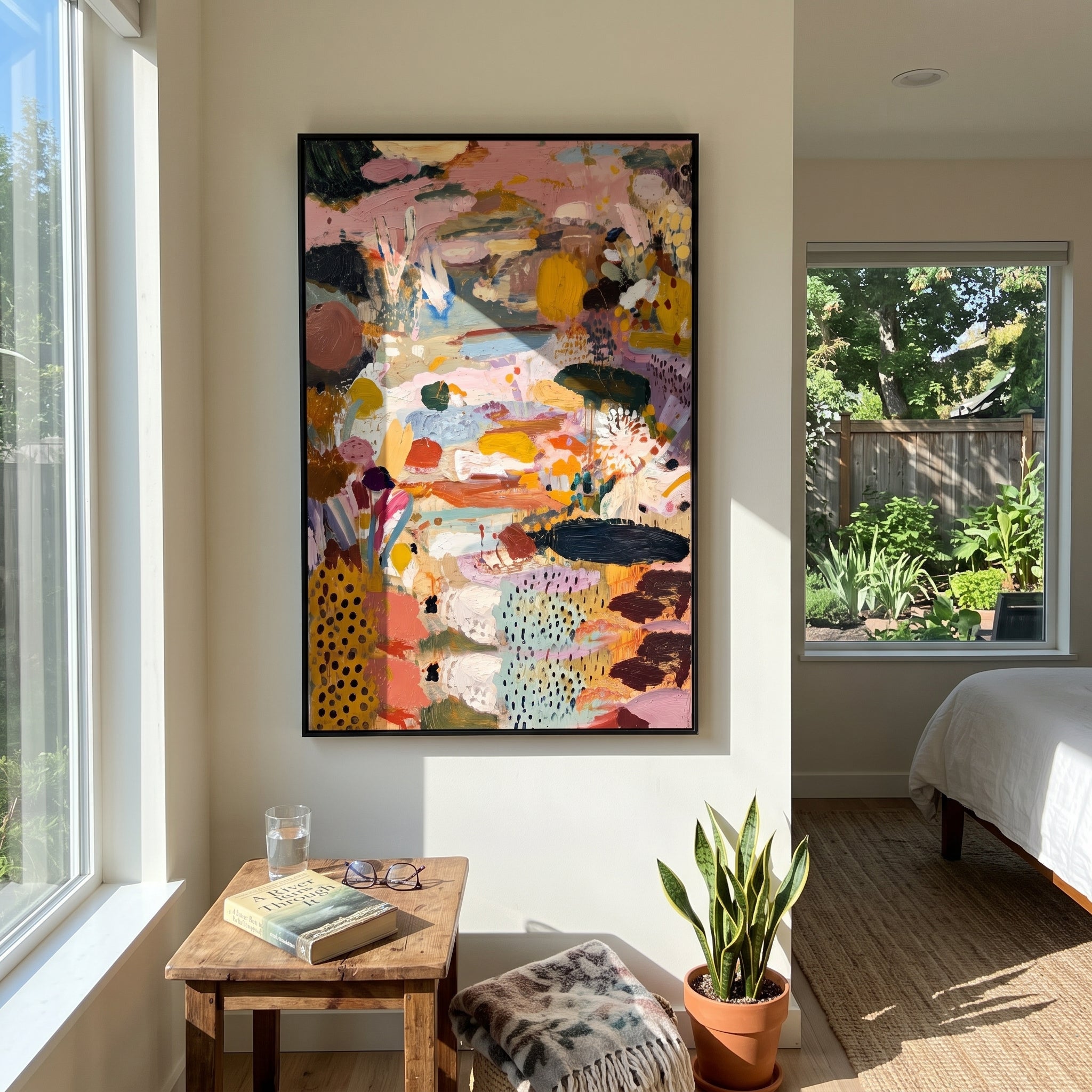 "Golden Pink Bohemian Garden Painting" focuses on atmosphere, surface movement, and sculptural heavy impasto craftsmanship rather than a fixed literal storyline. The composition uses this hand-painted vertical canvas presents a warm bohemian garden abstract with golden yellow forms, dusty pink fields, blue-grey passages, white floral strokes, black dotted patches, and dense impasto texture as the visual anchor, while layered palette-knife paint, raised plaster-like texture, and softened brush