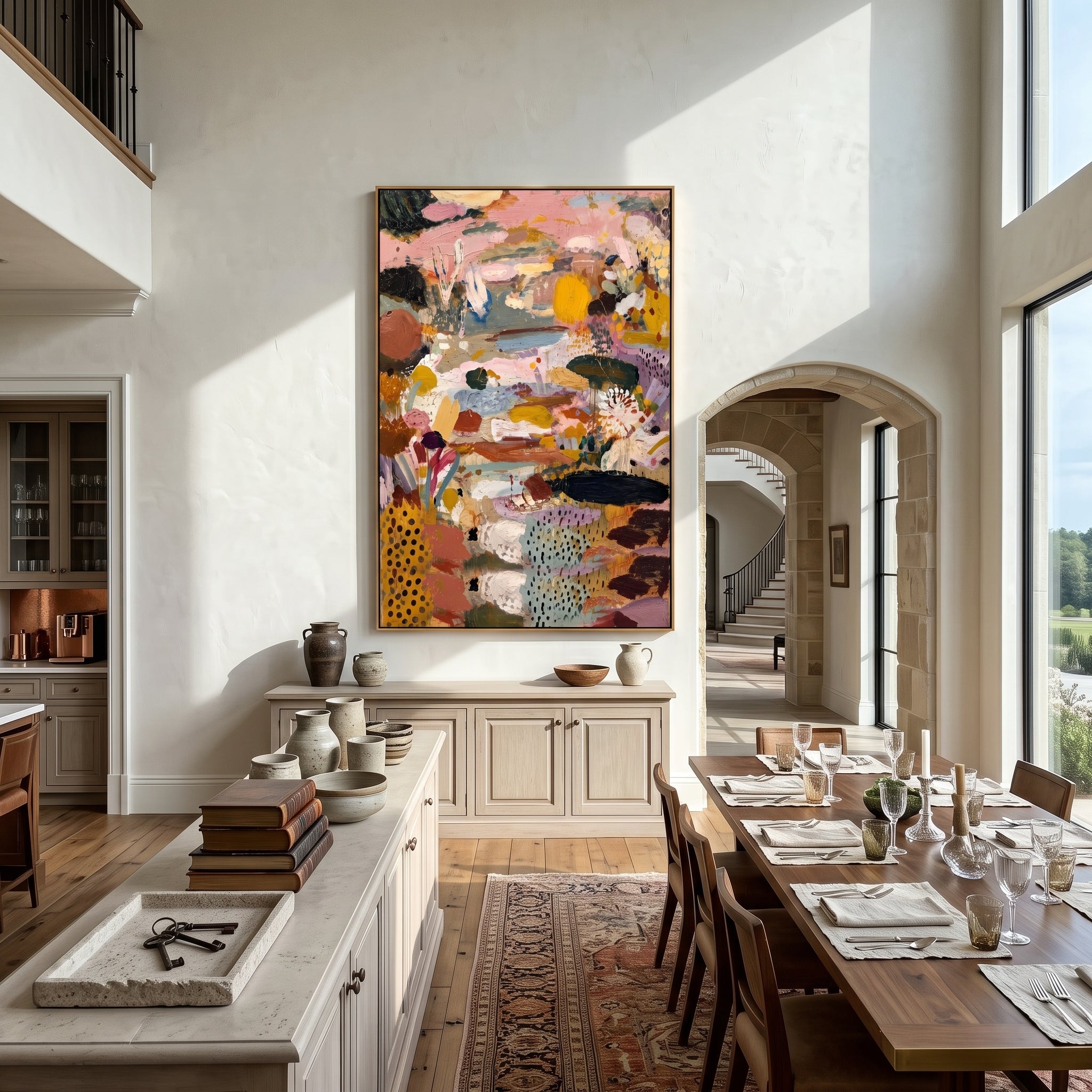 "Golden Pink Bohemian Garden Painting" focuses on atmosphere, surface movement, and sculptural heavy impasto craftsmanship rather than a fixed literal storyline. The composition uses this hand-painted vertical canvas presents a warm bohemian garden abstract with golden yellow forms, dusty pink fields, blue-grey passages, white floral strokes, black dotted patches, and dense impasto texture as the visual anchor, while layered palette-knife paint, raised plaster-like texture, and softened brush